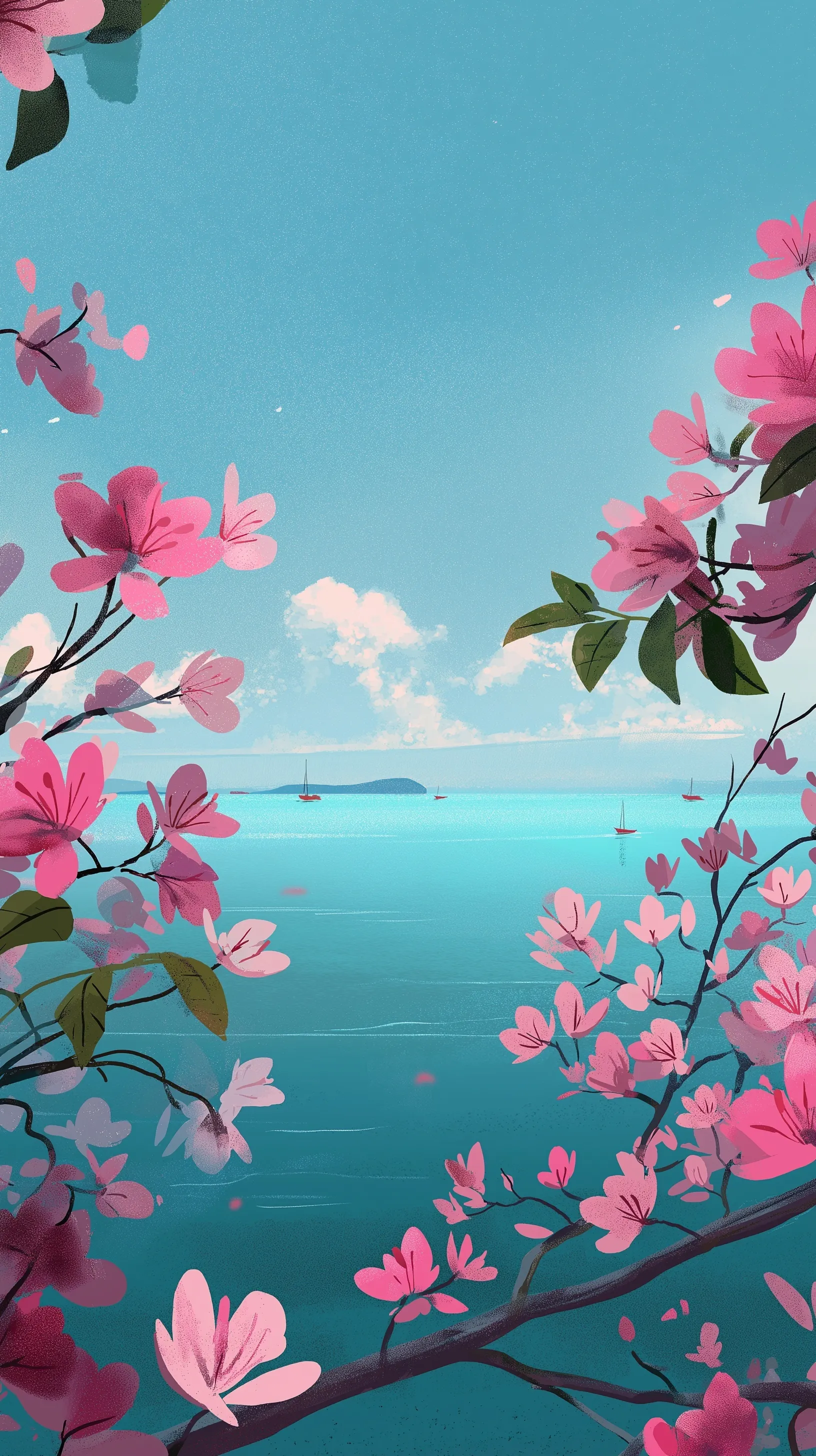 Pink spring flowers frame a peaceful blue sea with distant boats in a soft, dreamy illustration mobile wallpaper.