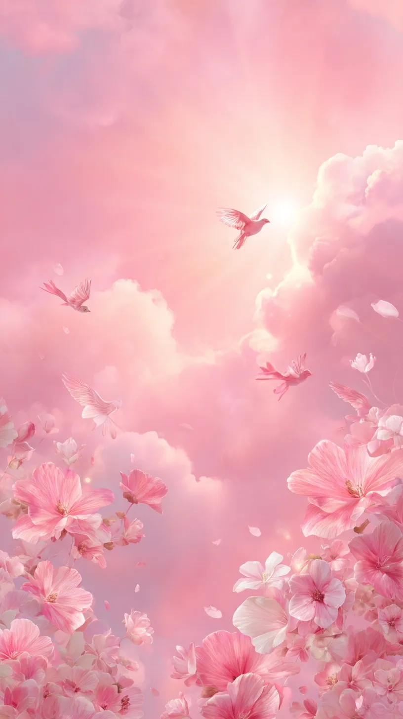 Ethereal pink mobile wallpaper with soft clouds, sunrays, and floating flowers in a dreamy pastel aesthetic.