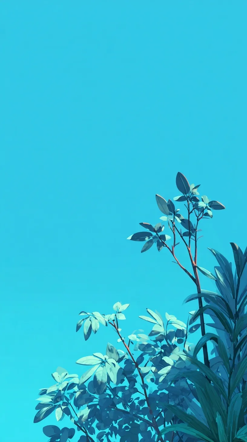 Pastel blue aesthetic iPhone wallpaper with a minimalist green forest plant animation in the corner.