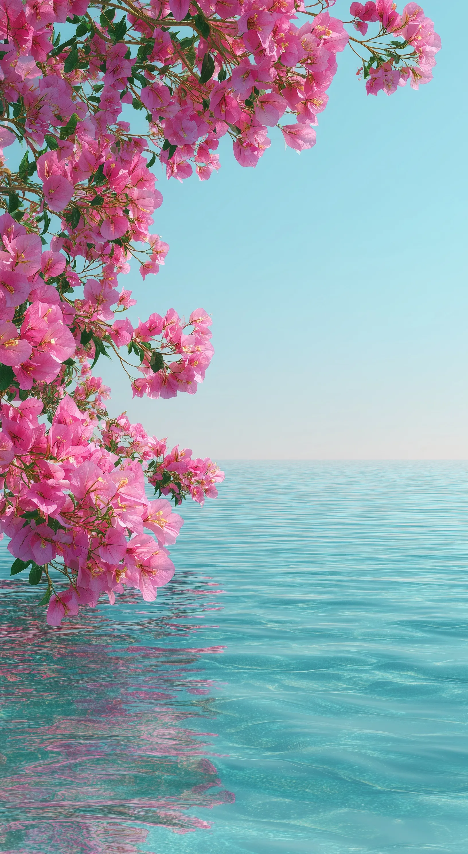 Photorealistic Greek coastal wallpaper with turquoise water and pink flowers, Mamma Mia aesthetic for iPhone.