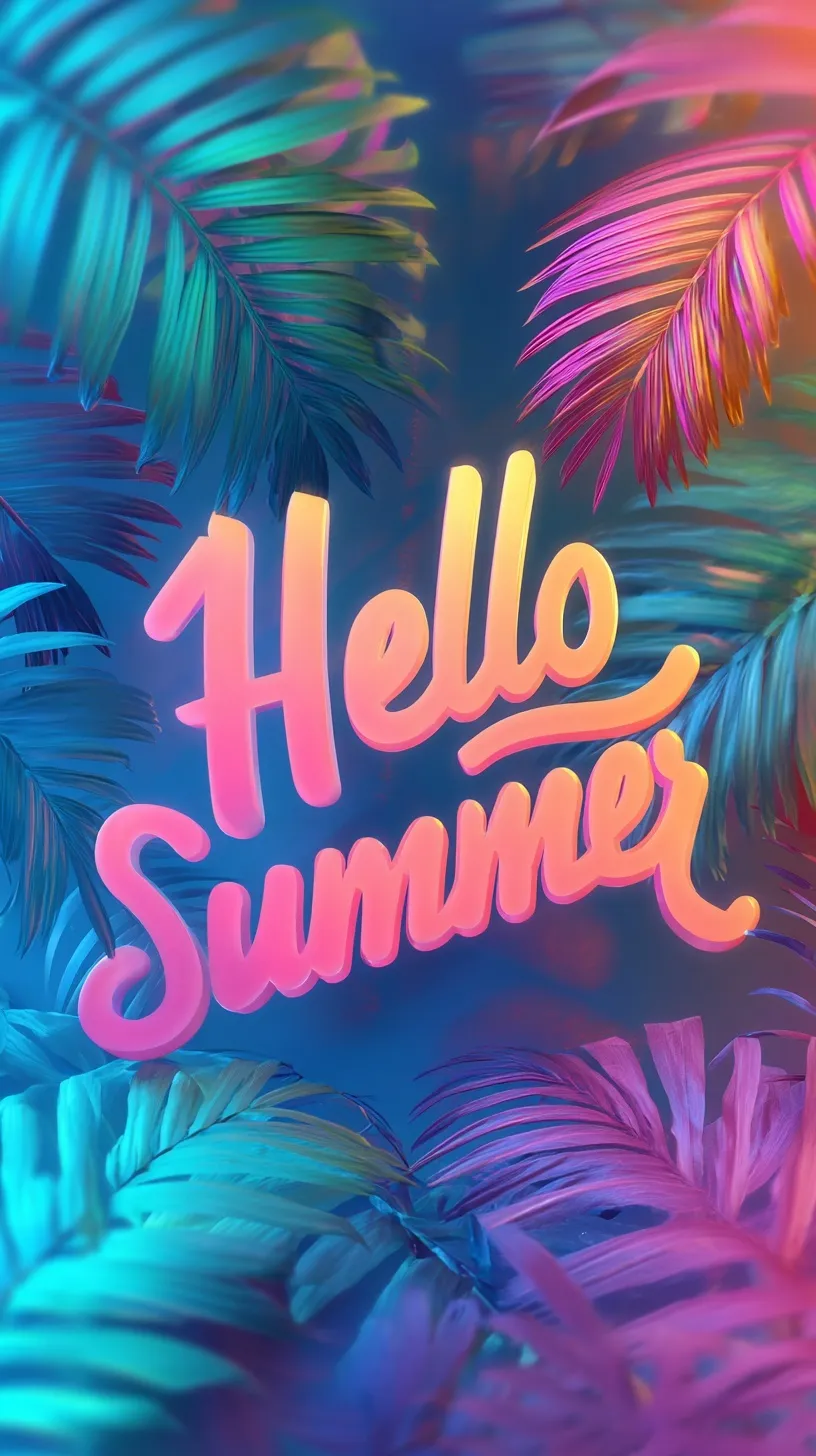 Hello Summer mobile wallpaper with tropical palm leaves and vibrant sunset gradients in 4k HD resolution.