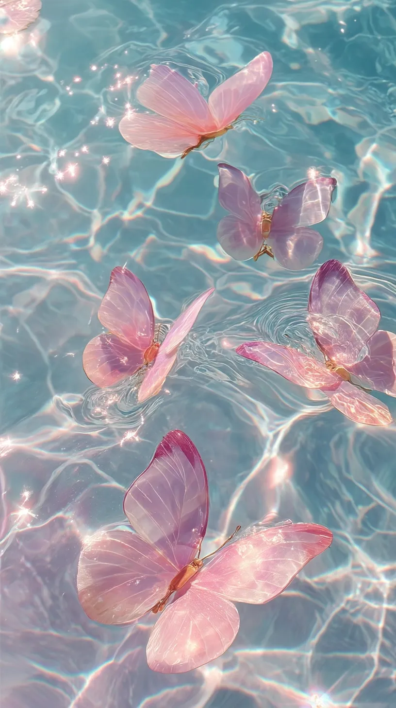 Glowing pink butterflies in clear water with Y2K aesthetic, sparkling pastel ripples, and ethereal gem accents.