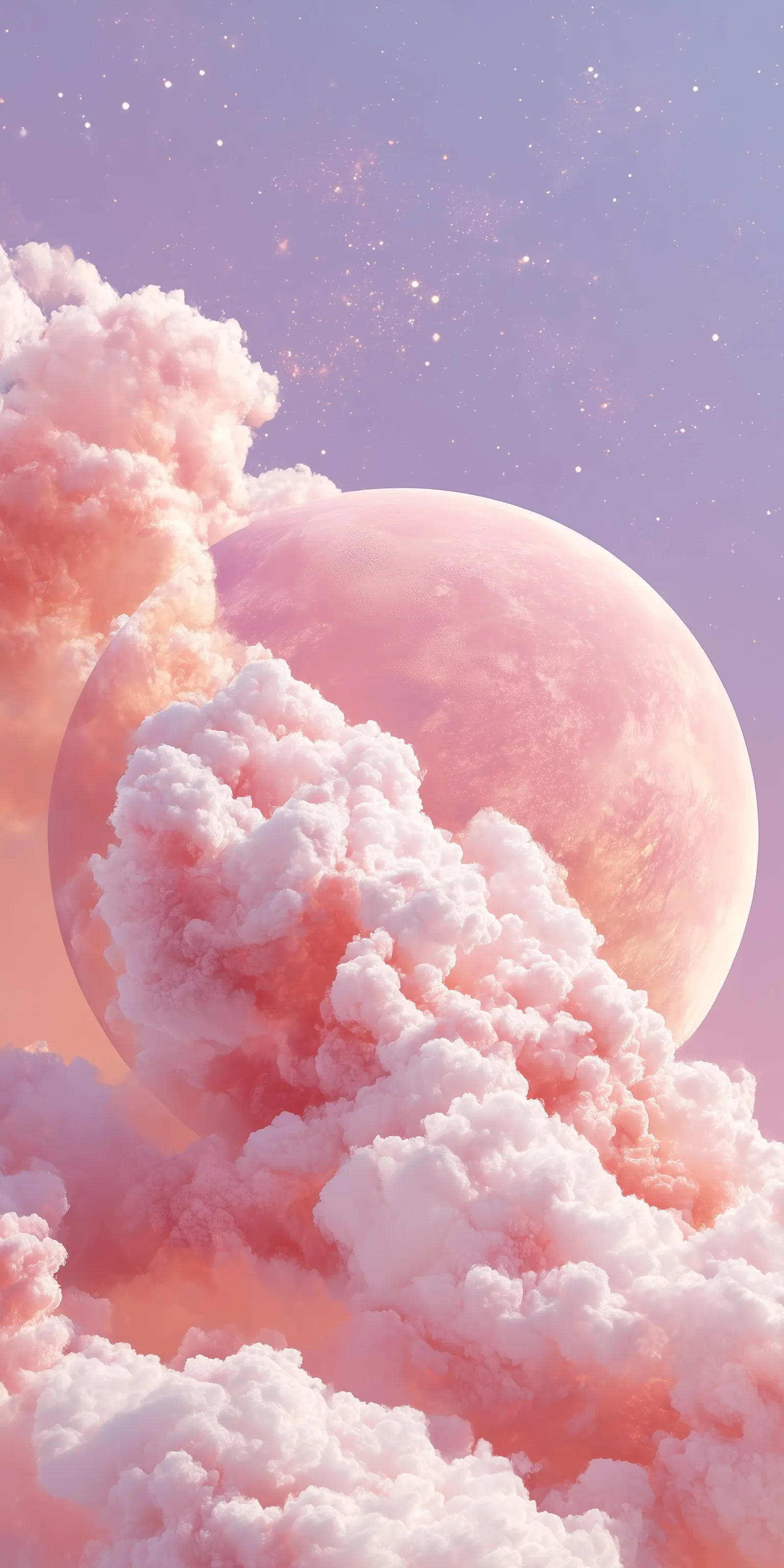 A dreamy digital art wallpaper featuring a pink planet, white clouds, and stars in a vibrant pink and orange gradient.