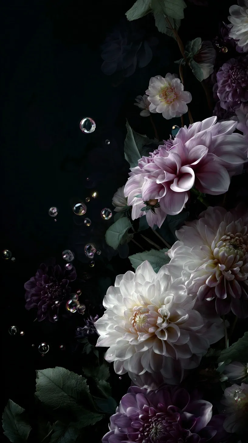 Dark floral mobile wallpaper with glowing divine sparkles on a black background, high-definition 4k aesthetic.