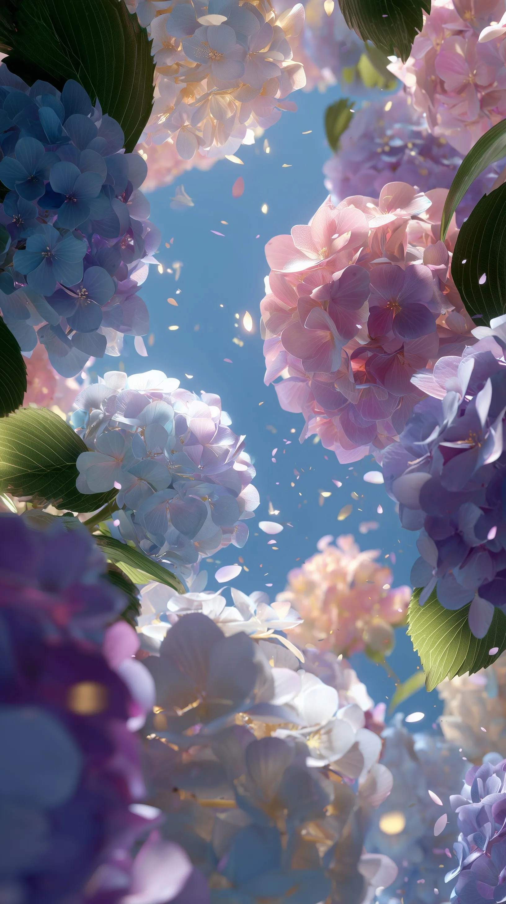Upward view of blooming pastel hydrangeas against a clear blue summer sky with sunlight filtering through leaves.