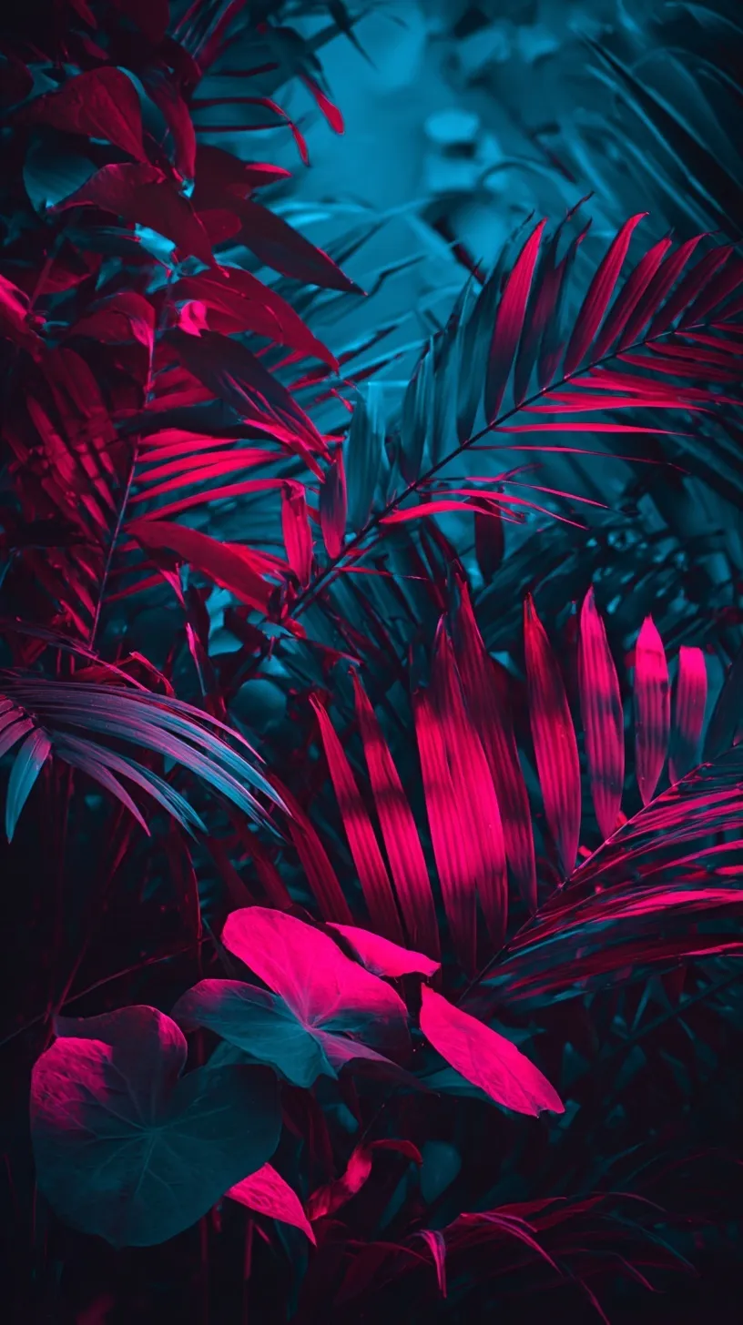 Dark, high-definition tropical wallpaper featuring vibrant pink and green leaves for iPhone.