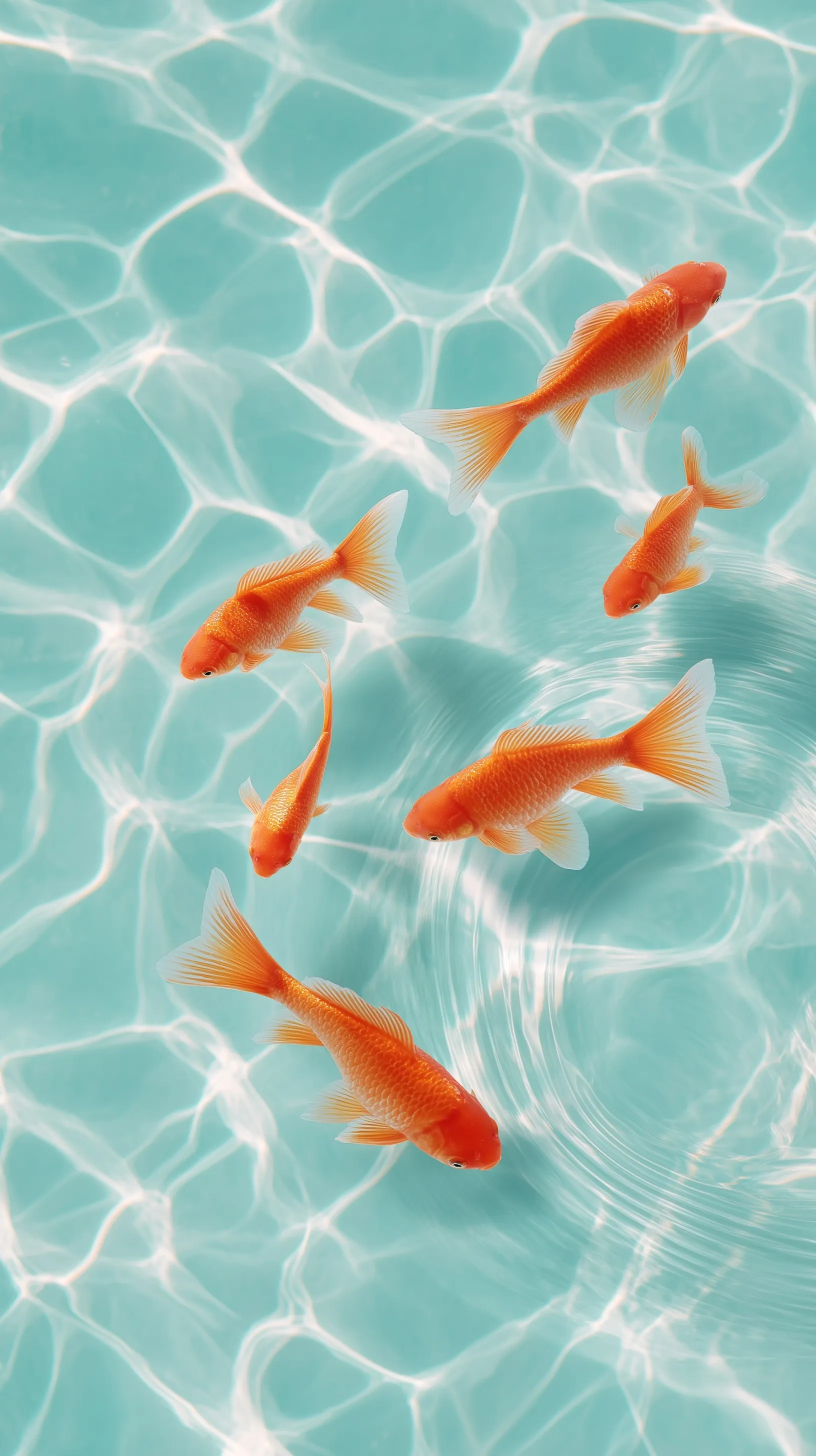Top-down view of goldfish swimming in a clear, rippling blue aquarium, airy Japanese aesthetic mobile wallpaper.