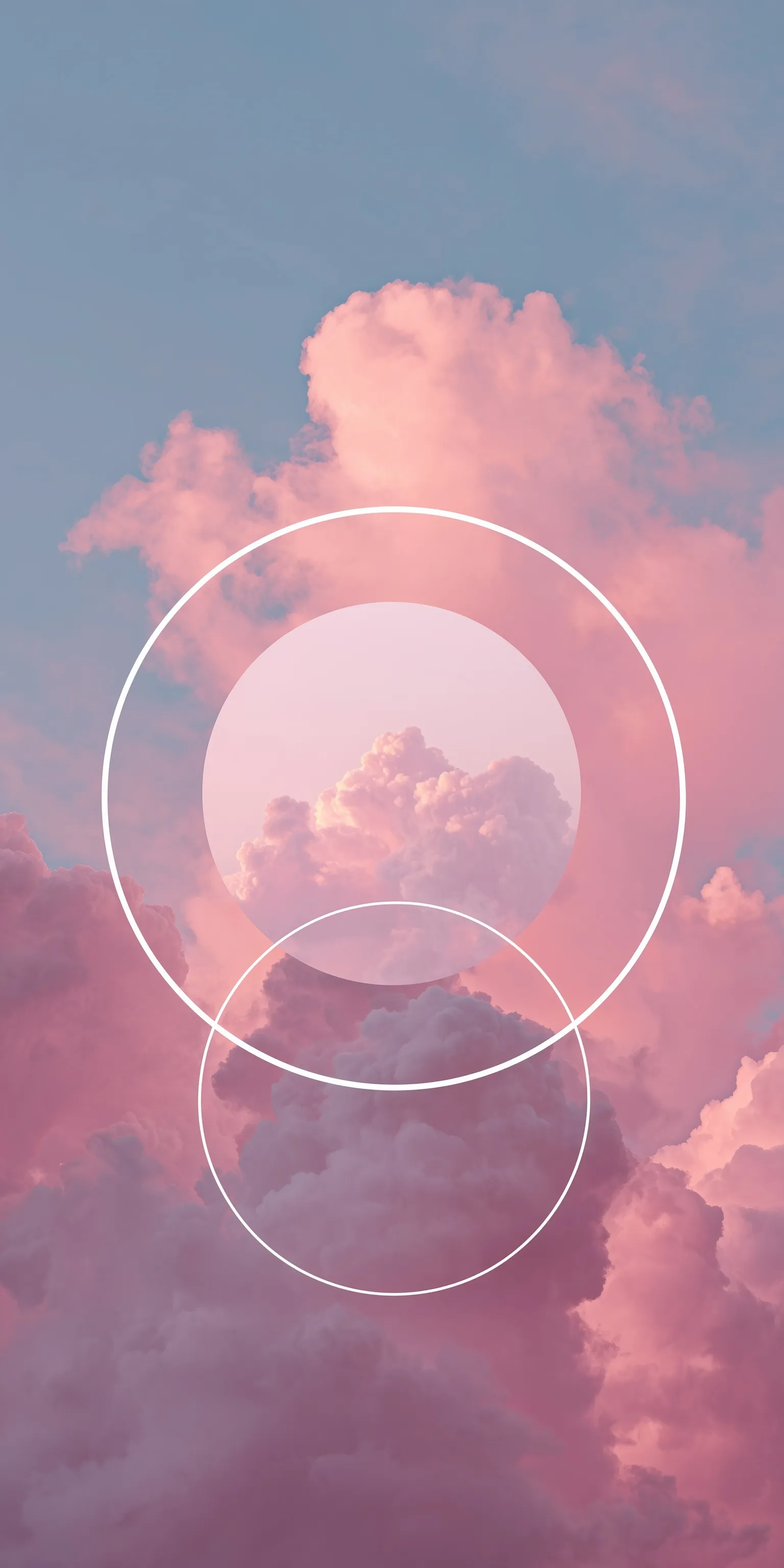 Minimalist pastel pink sky mobile wallpaper with overlapping circles and dreamy clouds in a digital art style.