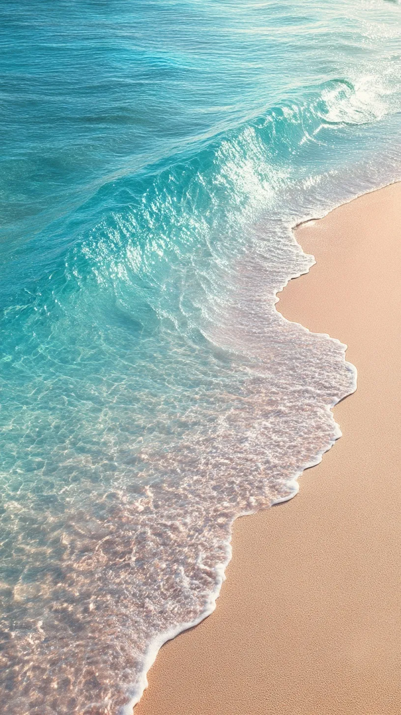 Shallow turquoise sea water meeting soft beige sand with gentle waves and sunlight reflections for mobile wallpaper.