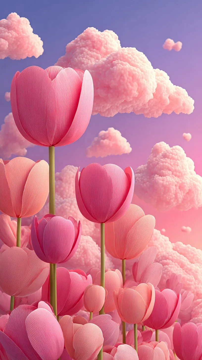 3D cartoon tulip and cloud mobile wallpaper with a soft pink gradient background in high resolution vector style.