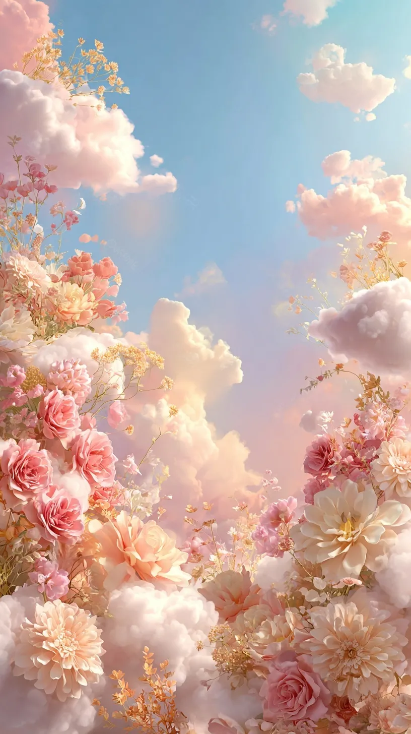 Surreal floating garden with pastel flowers on clouds, soft golden sunlight, and copy space for Women’s Day poster.