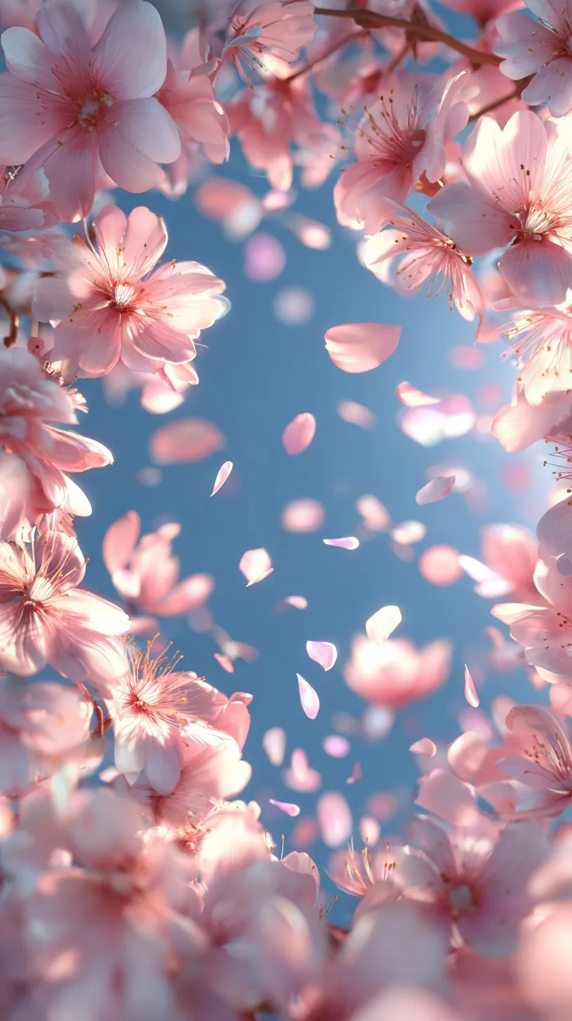 A frame of pink and white sakura blossoms with floating petals against a sunny blue sky, 4k mobile wallpaper.