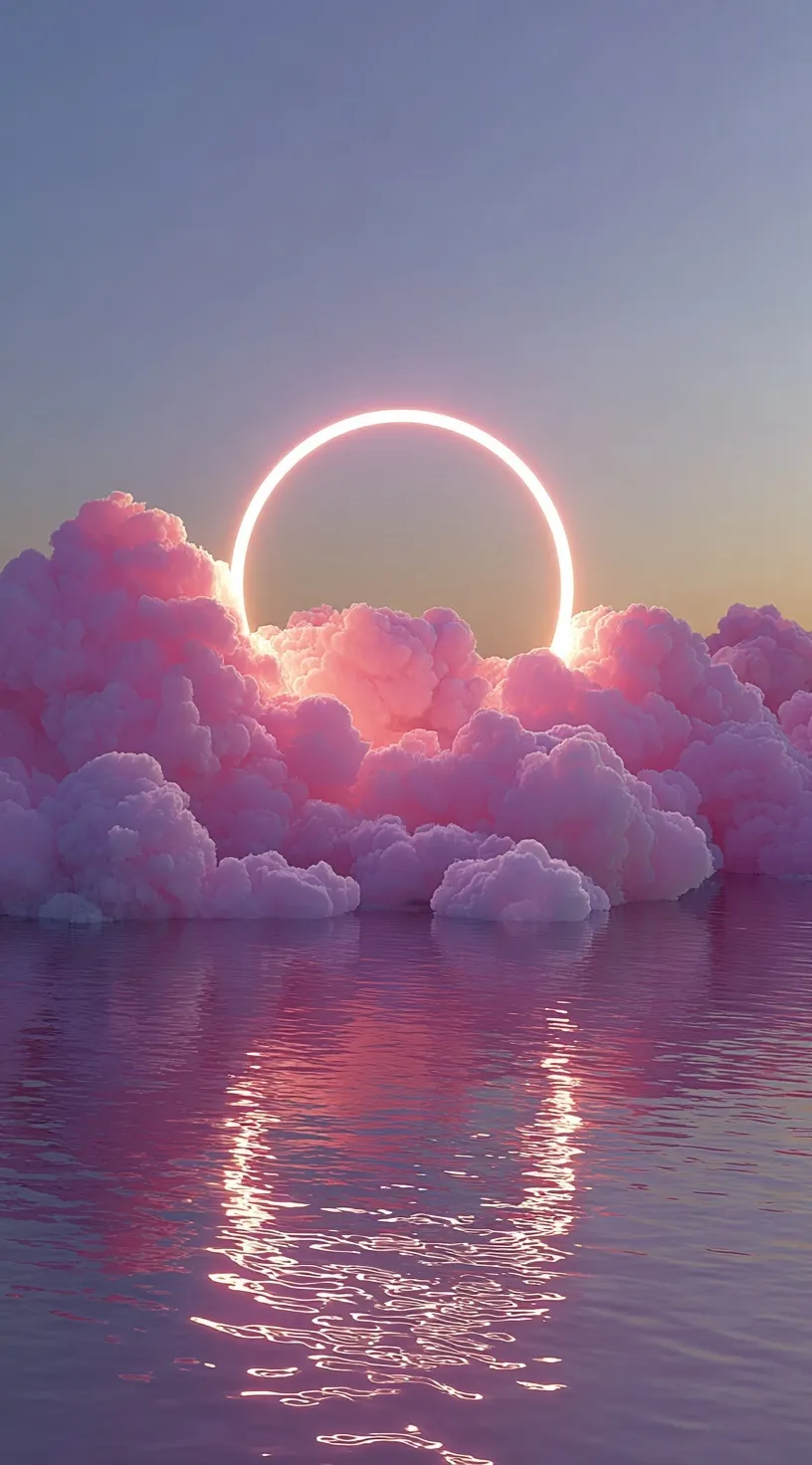 Surreal neon circle light rising from pink clouds over calm, reflective water in a dreamy pastel gradient sky.