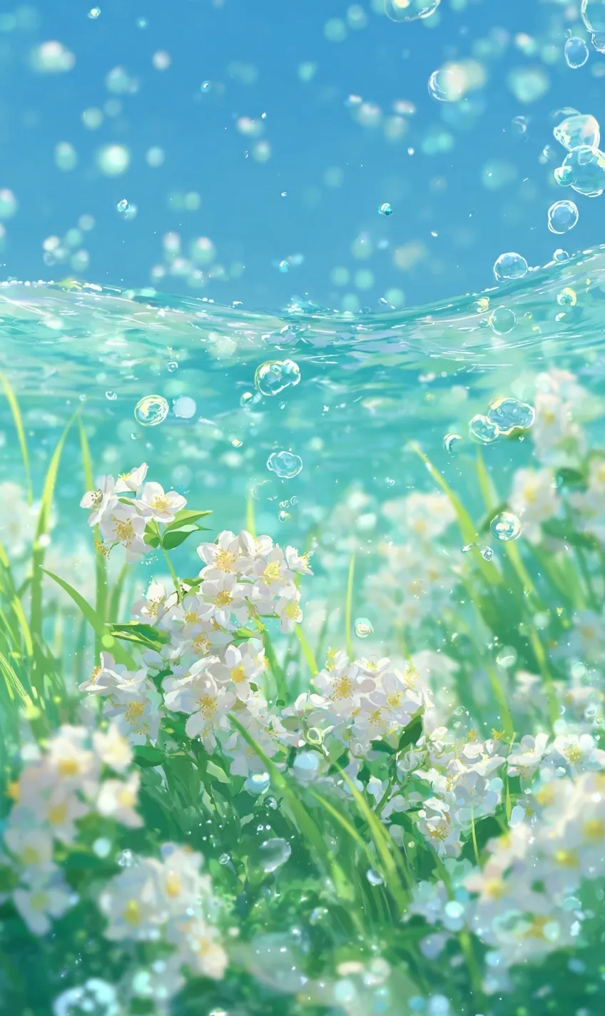 HD mobile wallpaper of jasmine flowers and green grass floating on sparkling blue water with sunlight and bubbles.
