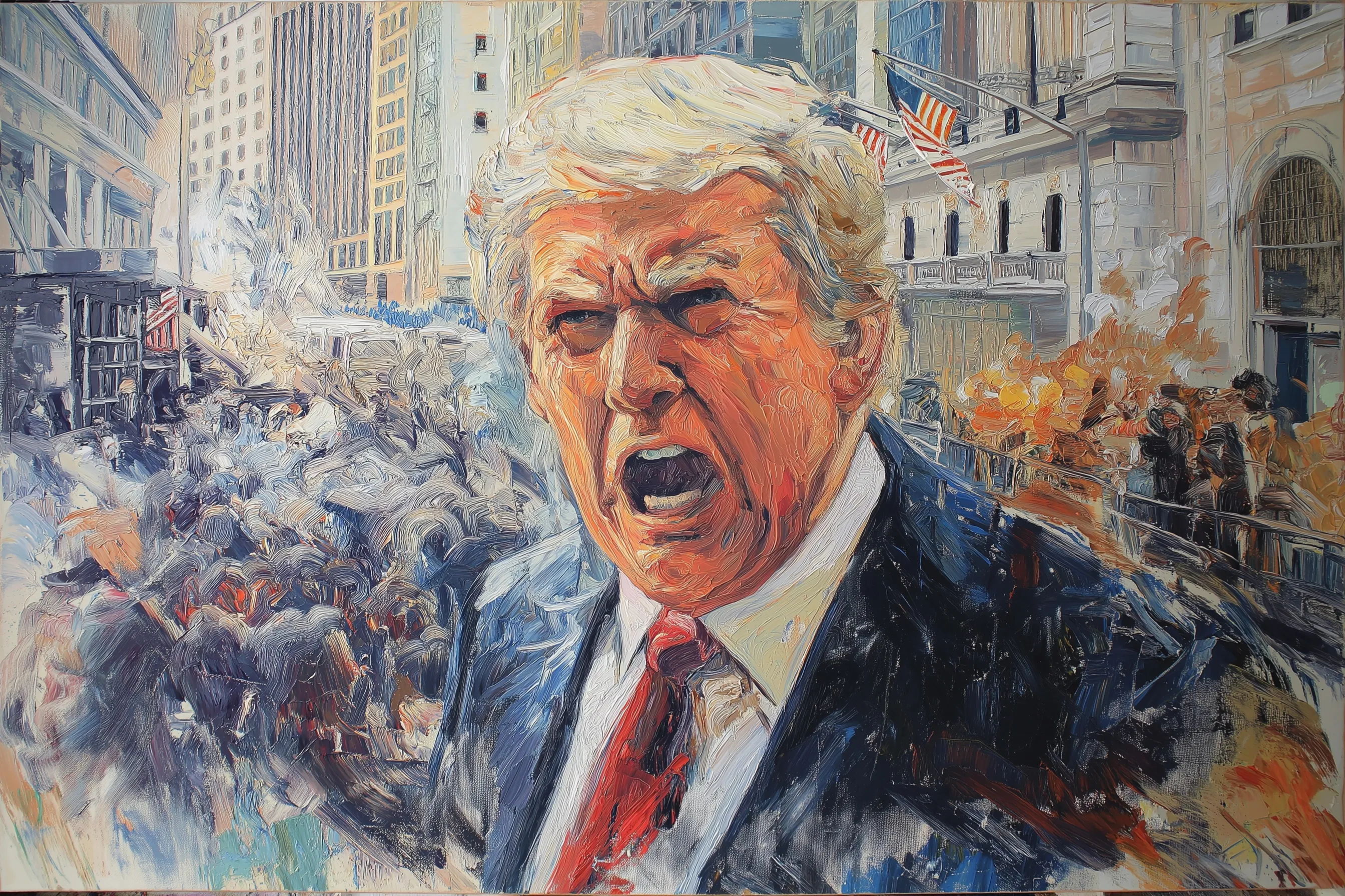 Oil painting of an angry man with orange skin and blonde hair in a suit, standing before a panicking Wall Street crowd.