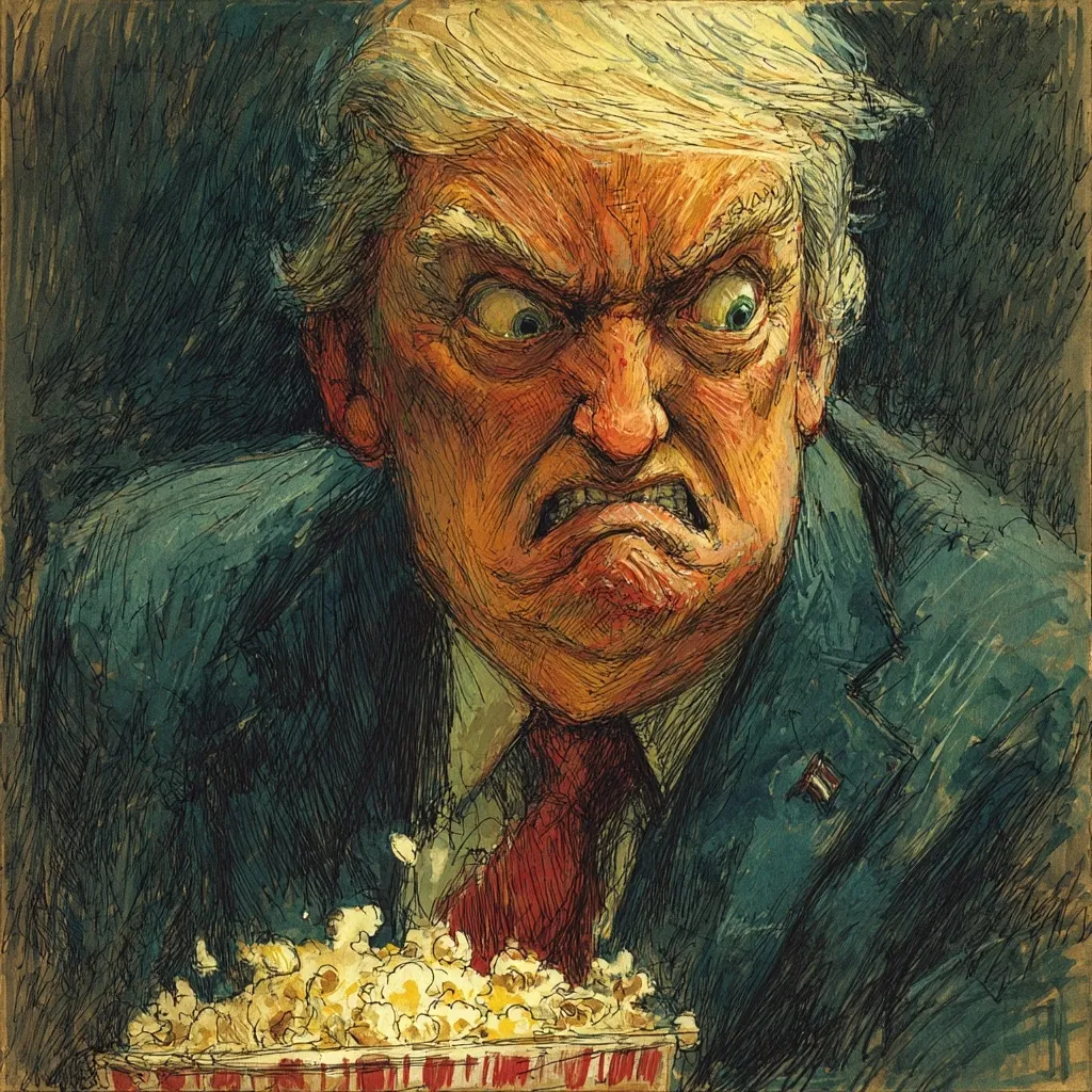 AI-generated image of a Trump lookalike looking offended at a movie theater while declaring foreign films a threat.