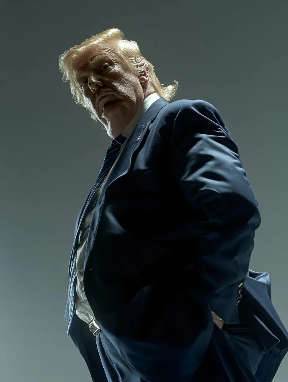 Hyper-realistic AI portrait of a middle-aged man with blonde hair, orange tan, and blue suit, professional studio shot.