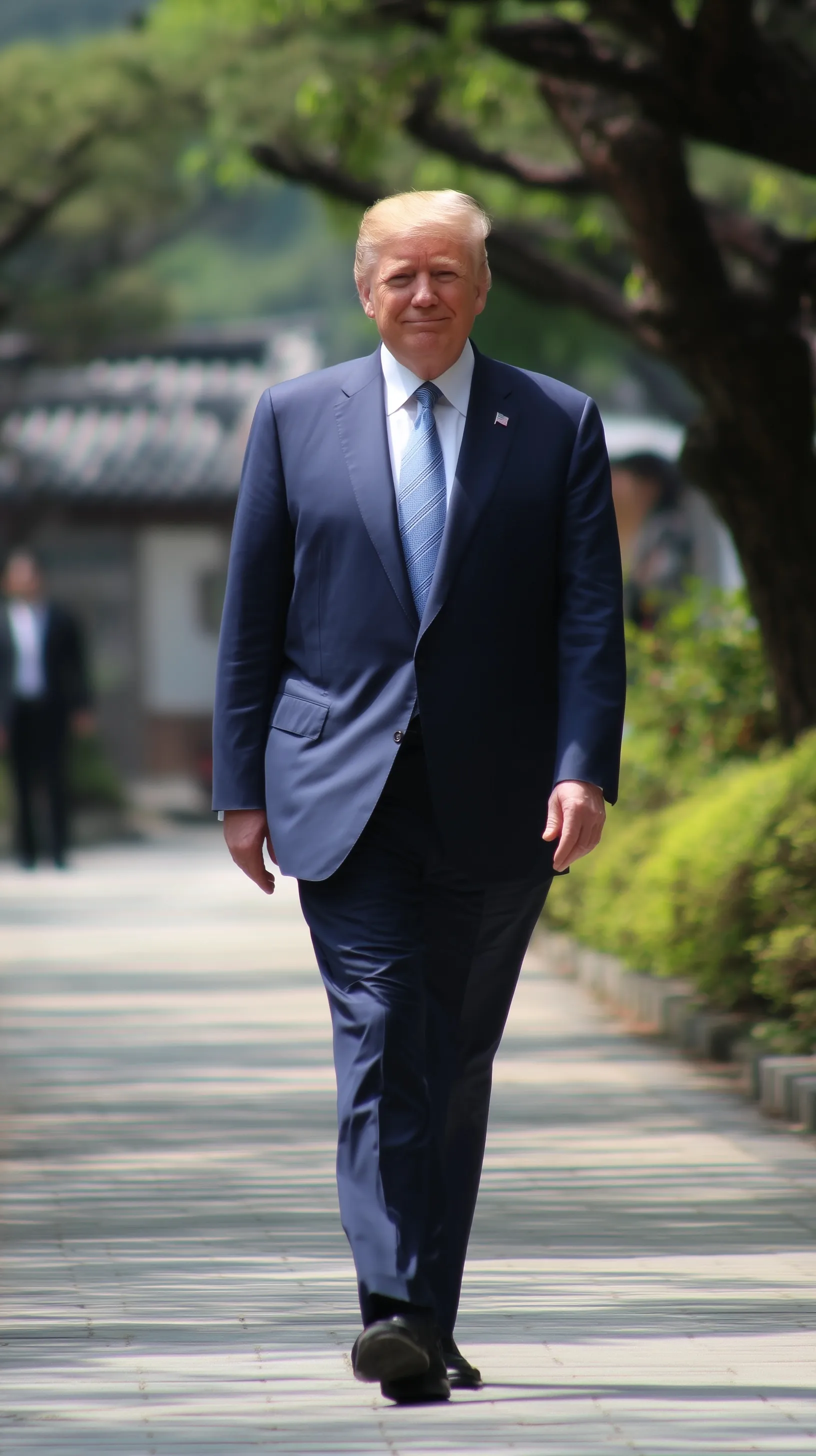 A realistic AI-generated portrait of Donald Trump looking towards the camera against a neutral background.