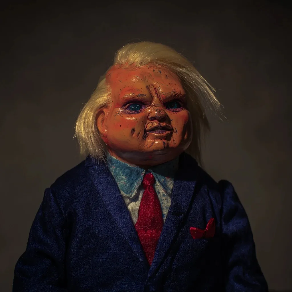 AI-generated image of a corpulent politician with orange skin and red tie transformed into a creepy Chucky doll.