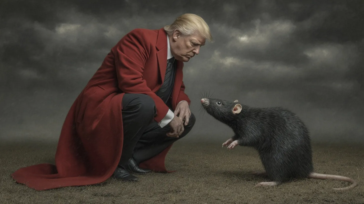 AI-generated image of an authoritarian American political figure in a intense struggle against a large rat.