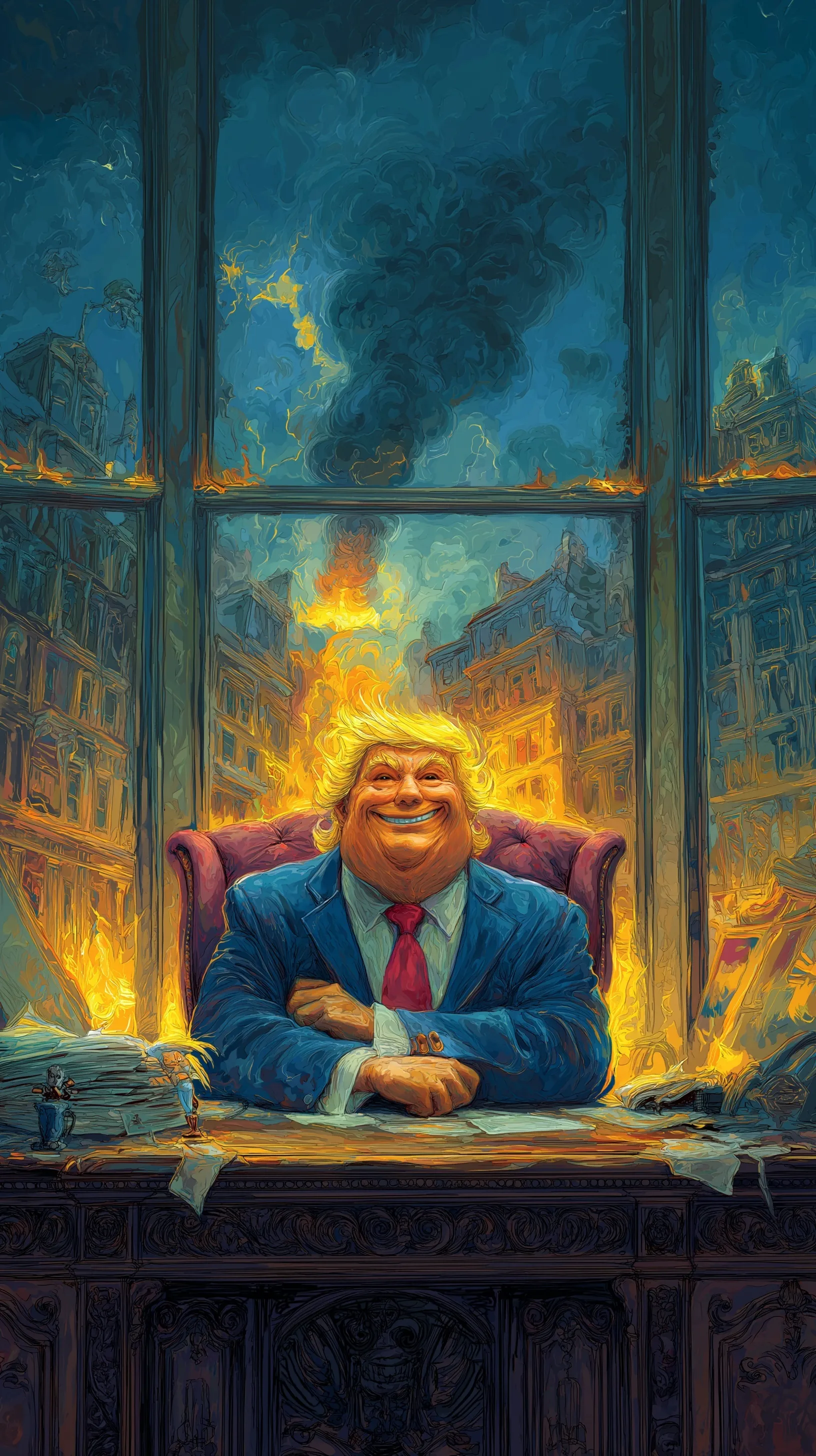 AI-generated image of a man resembling Trump at the Resolute desk with a fiery, storm-ravaged city in the background.