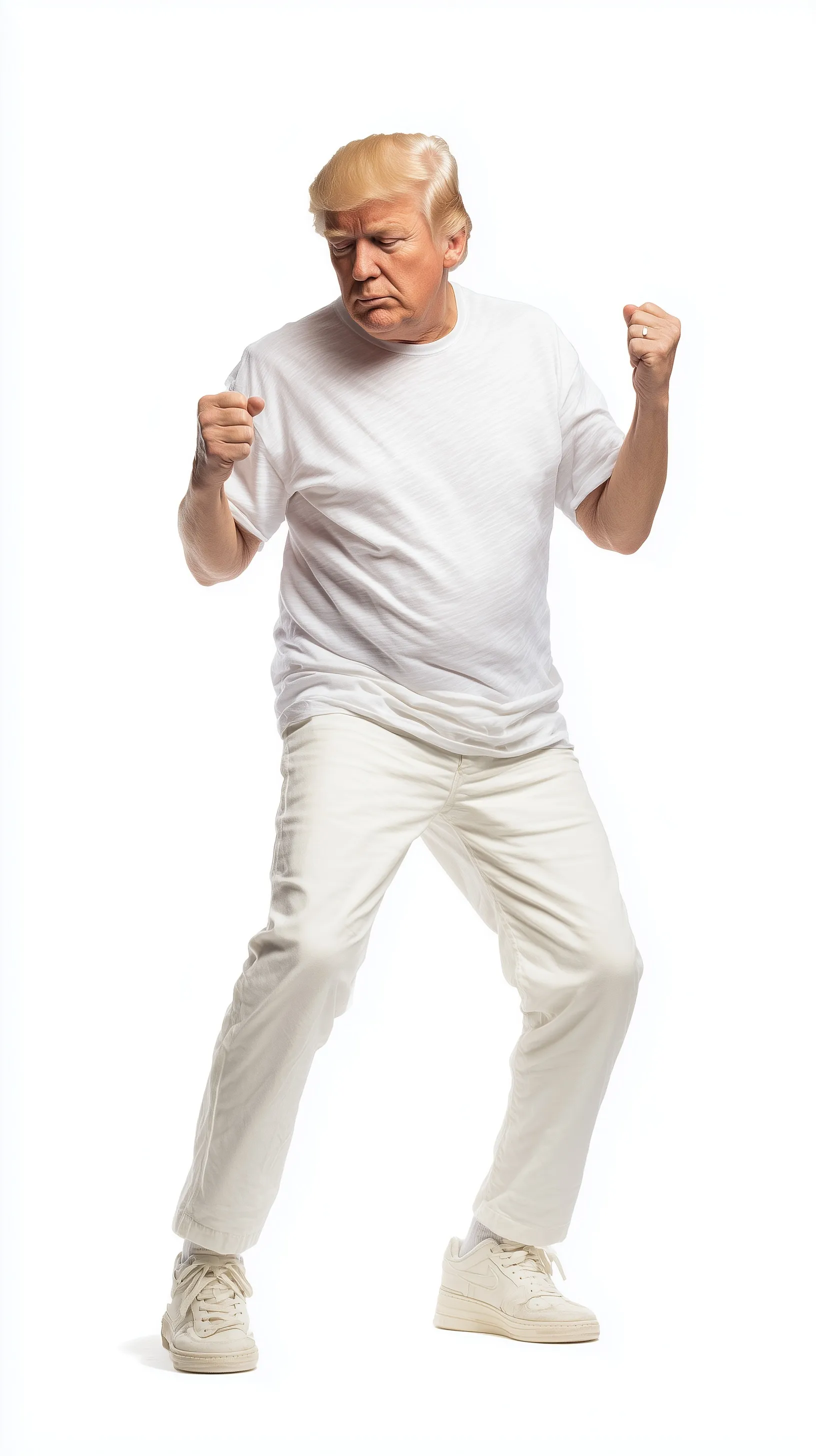 Hyper-realistic AI portrait of Donald Trump dancing in a white t-shirt against a clean white background.