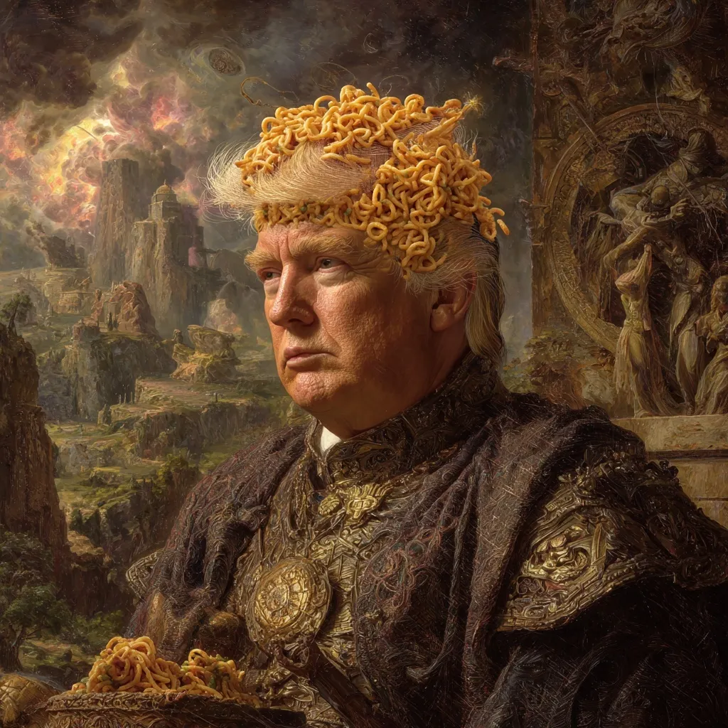 AI-generated portrait of Donald Trump featuring a stylized, cosmic, and abstract orange-toned hair aesthetic.