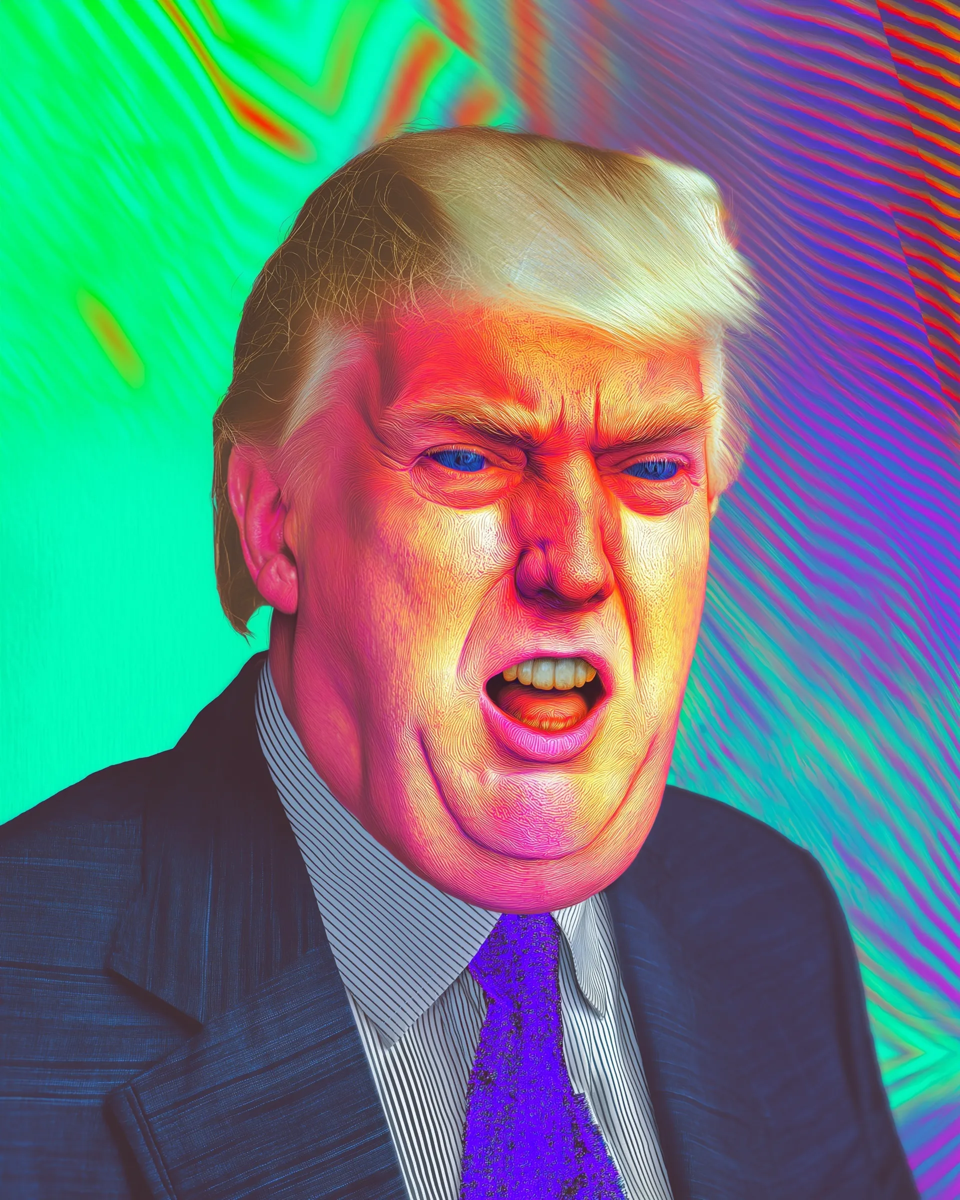 A hyperrealistic, surreal Trump portrait in a stylized Y2K pop art collage, blending retrofuturistic aesthetics.