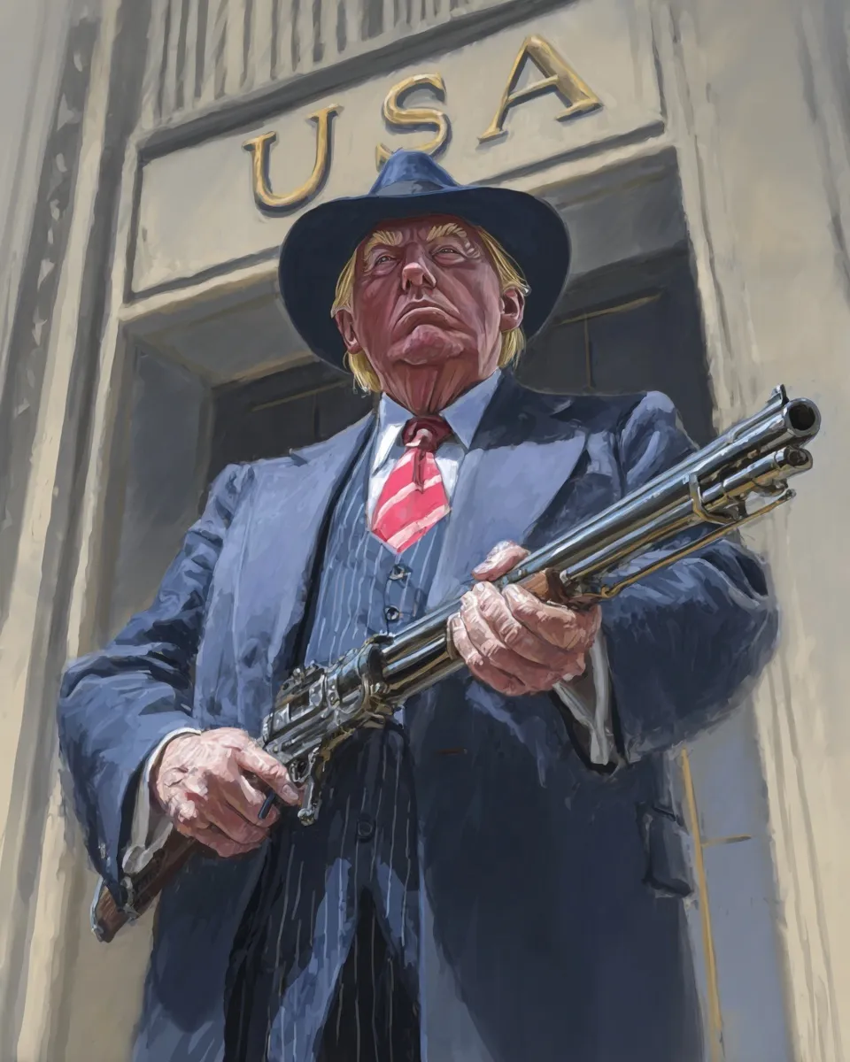 AI caricature of Donald Trump as a 1930s mobster holding a gold gun in front of a USA bank.