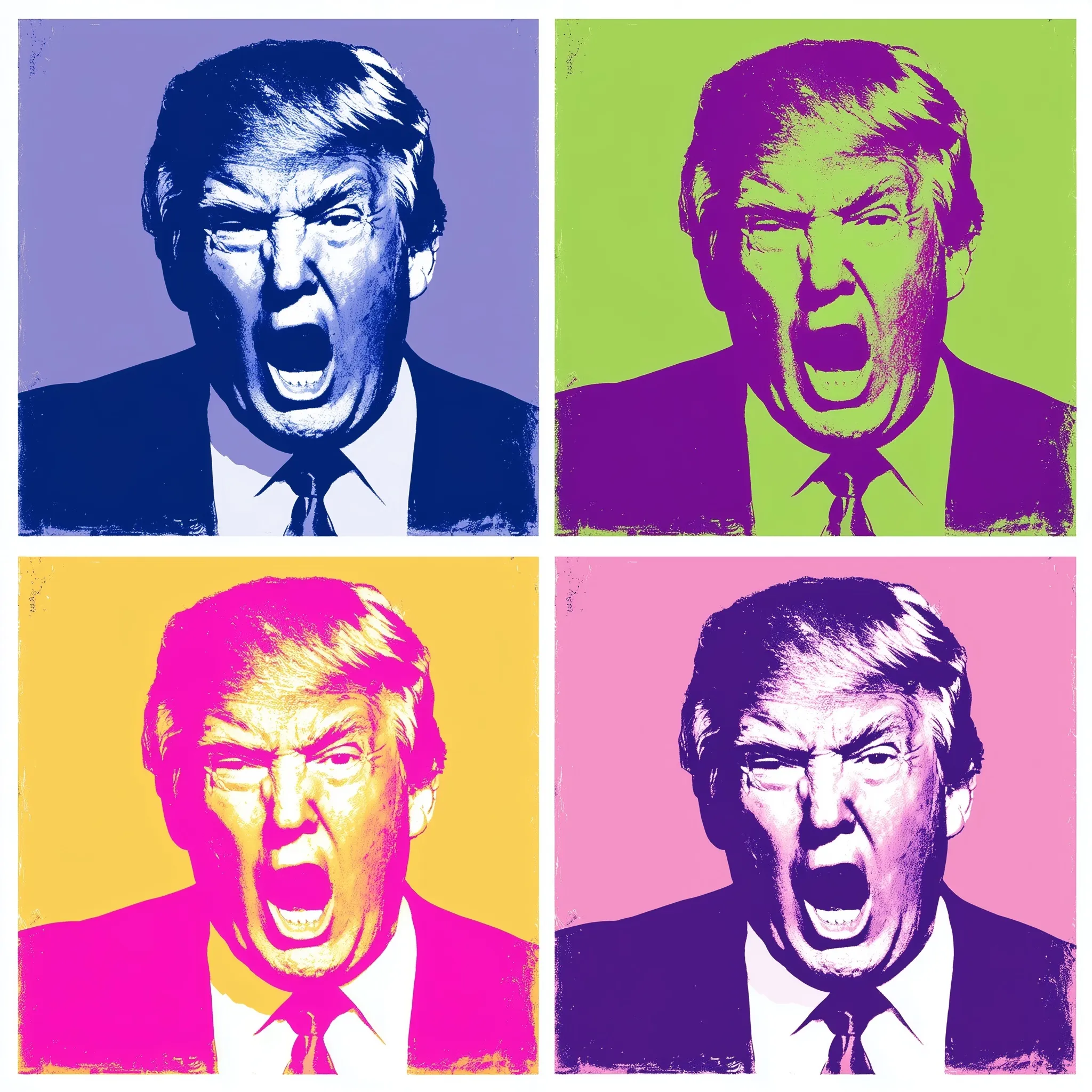 Andy Warhol style pop art print of an angry Donald Trump in a four-panel multi-colored AI generated image.