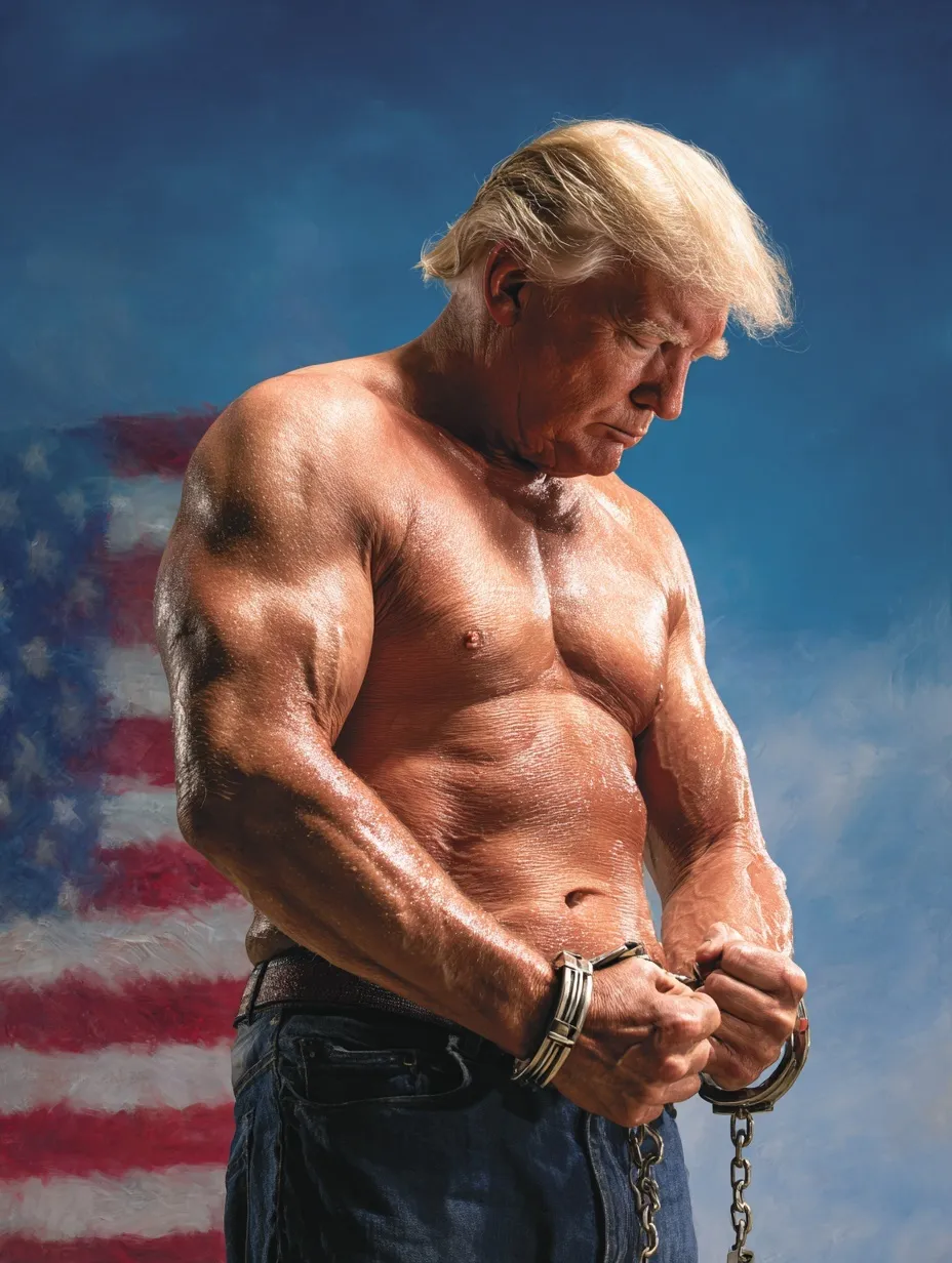 Muscular Donald Trump breaking handcuffs in front of an American flag at a school, patriotic AI-generated art.