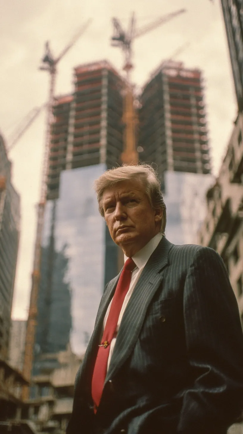 Realistic 1980s portrait of Donald Trump in a dark suit standing before the Trump Tower construction site.