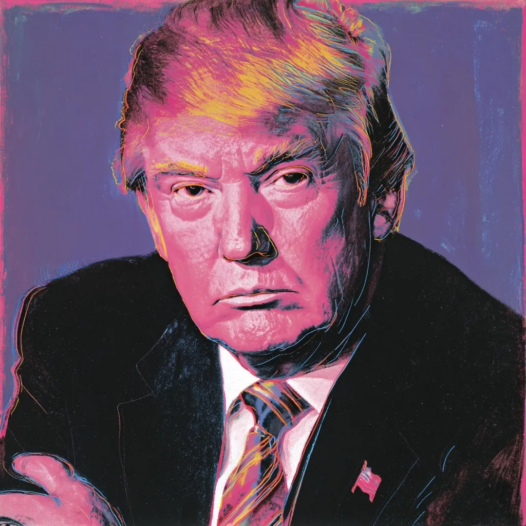 Pop art style portrait of Donald Trump inspired by the colorful, iconic aesthetic of Andy Warhol.