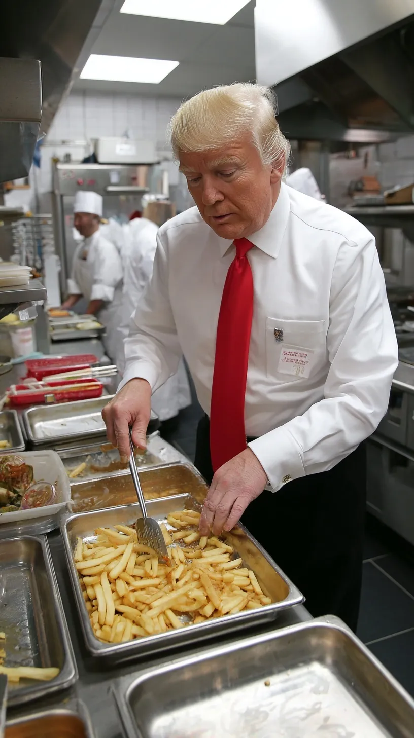 AI-generated image of Donald Trump working in a fast food kitchen, wearing an apron and frying golden french fries.