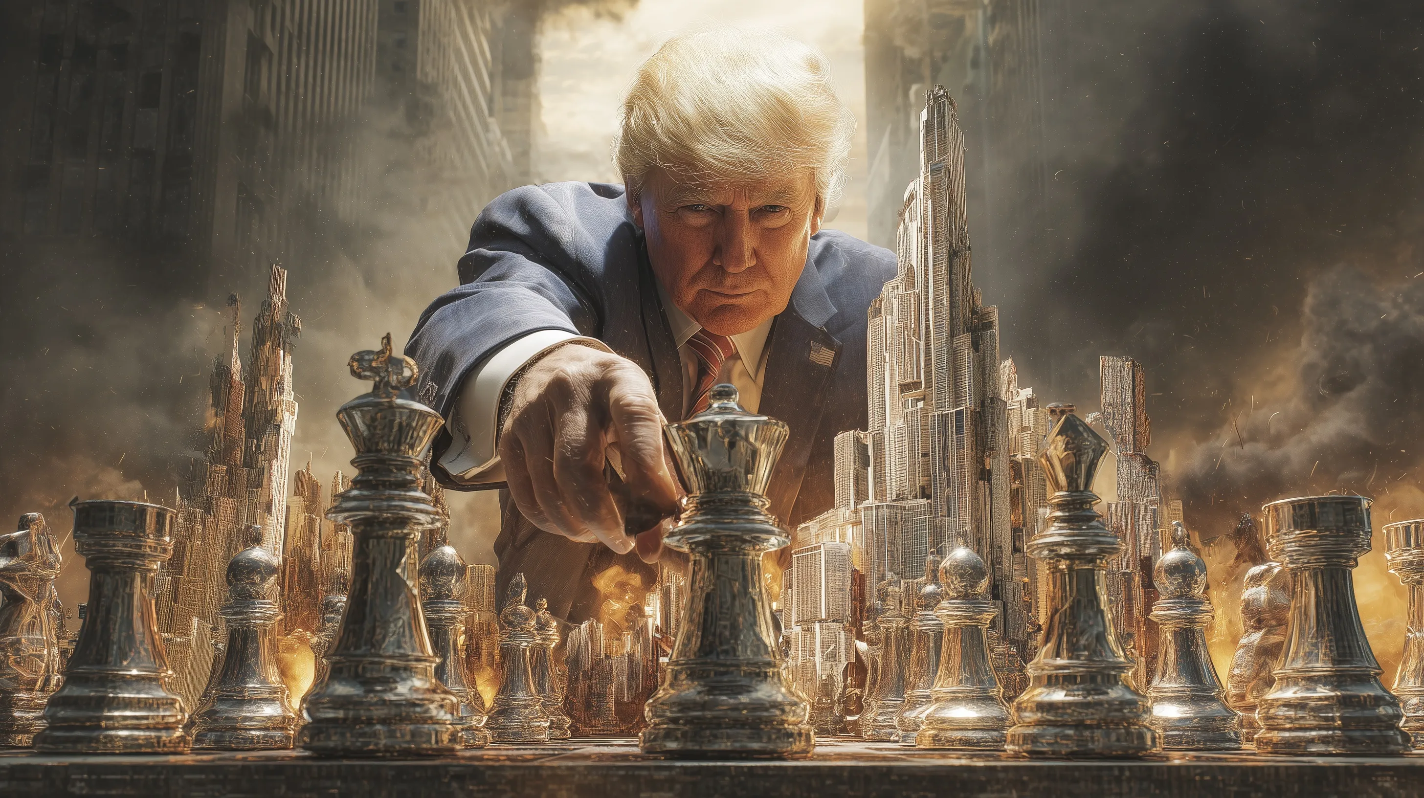 Donald Trump as a strategic leader moving a skyscraper on a massive, epic industrial chessboard.