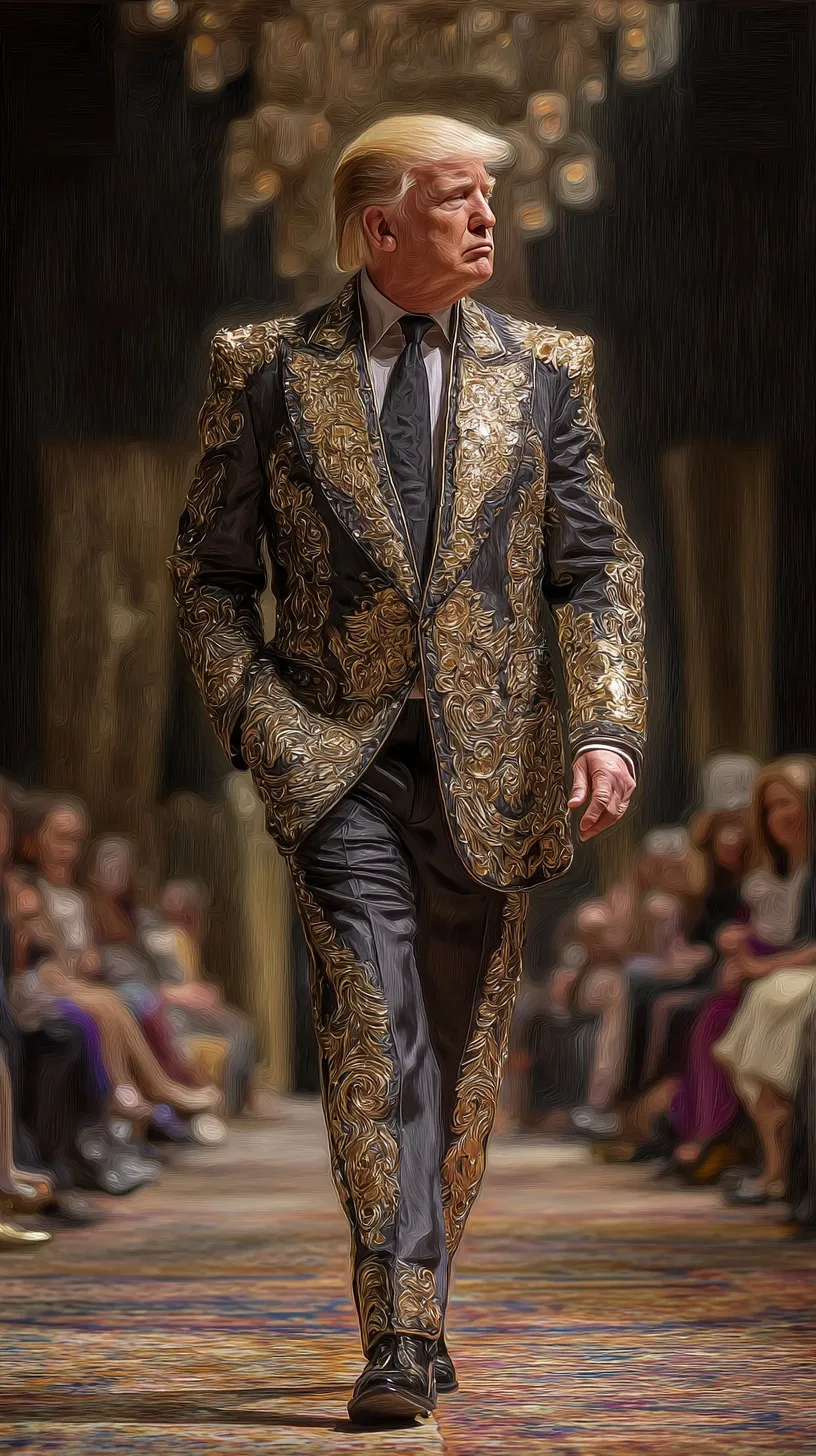 AI-generated image of Donald Trump in an avant-garde golden haute couture suit walking a New York Fashion Week runway.