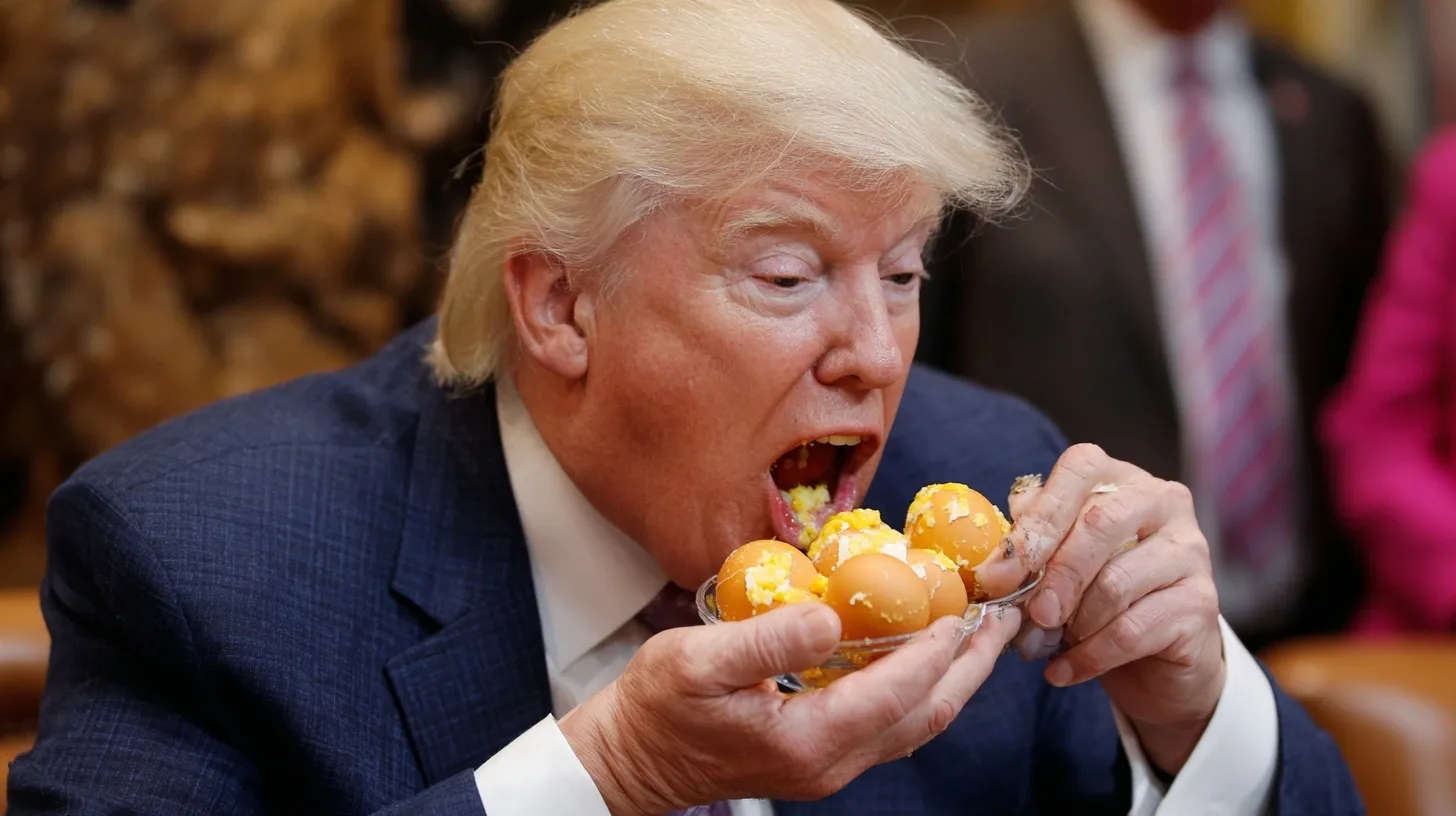 AI-generated image of a blonde politician with orange skin messily eating hard-boiled eggs.