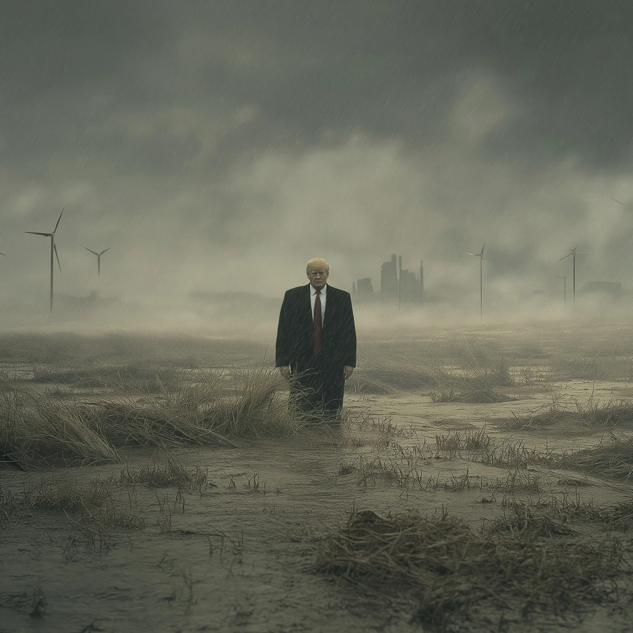 Photorealistic AI-generated image of Donald Trump standing in a muddy field during a windy rain storm.