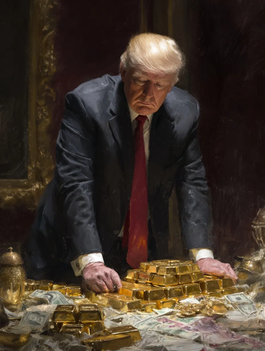 AI-generated image of Donald Trump surrounded by gold bars, US currency, and financial tariff charts.