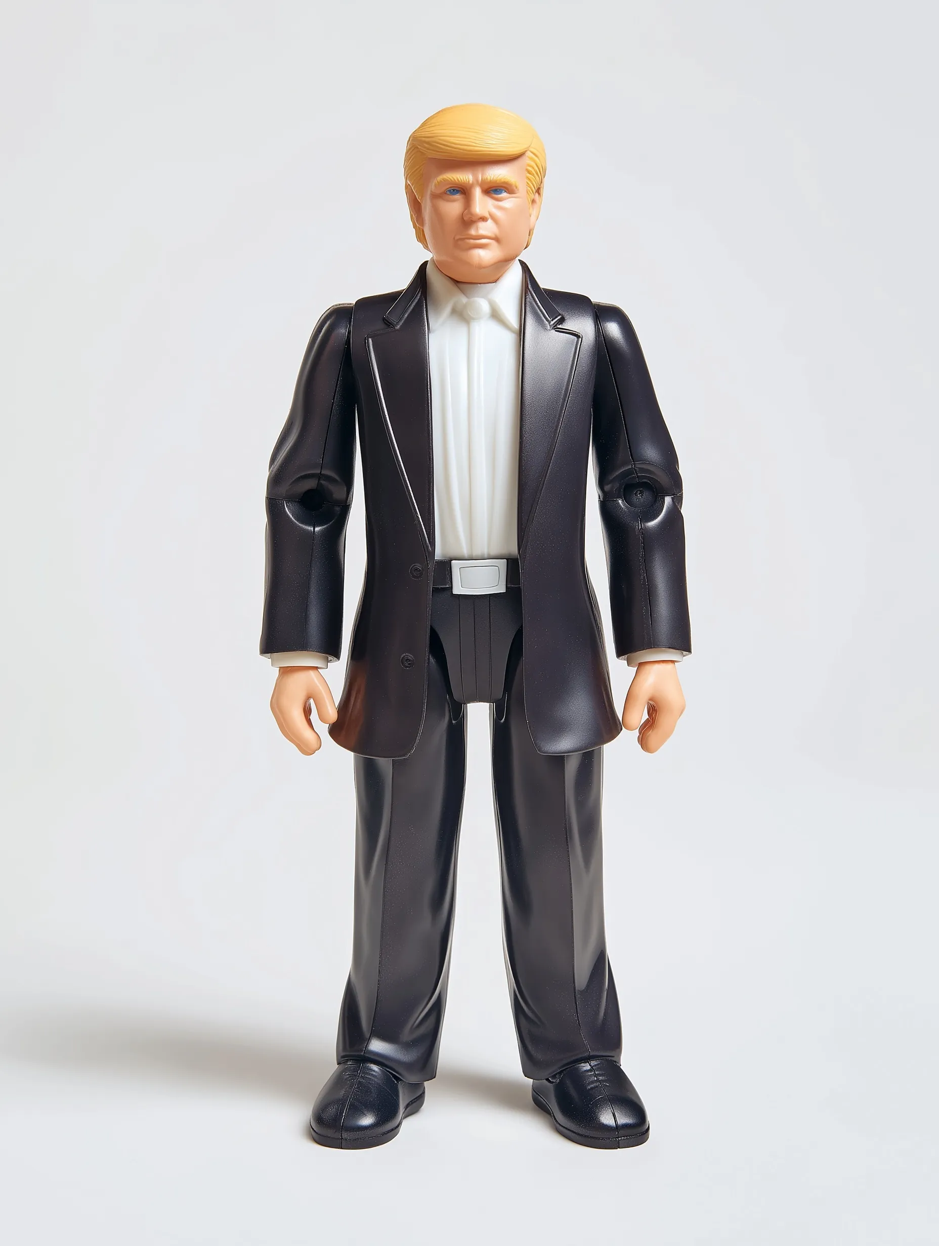 A collectible Kenner-style Donald Trump action figure in a suit, isolated on a clean white background.