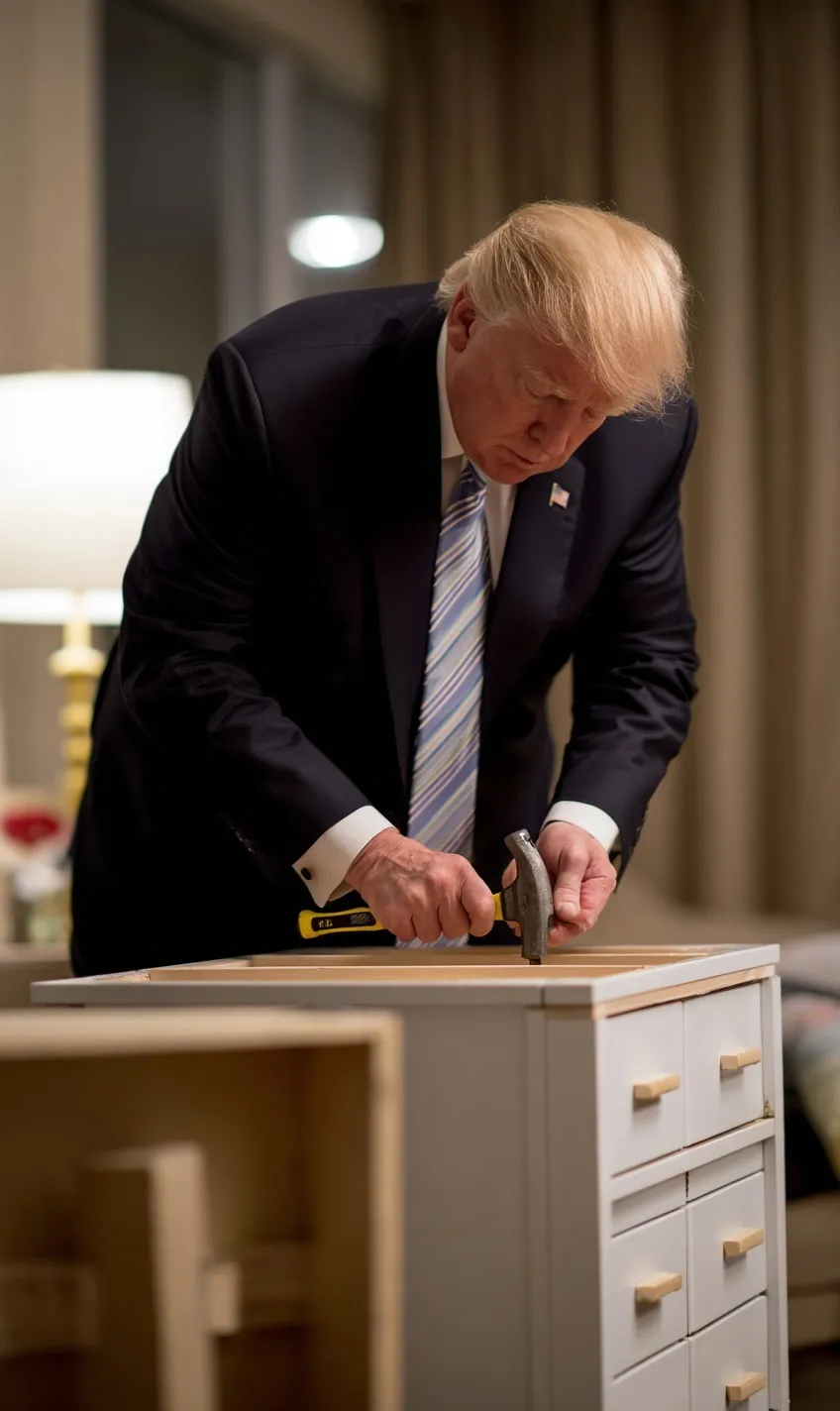 AI-generated image of Donald Trump assembling an IKEA cabinet with an allen wrench following assembly instructions.
