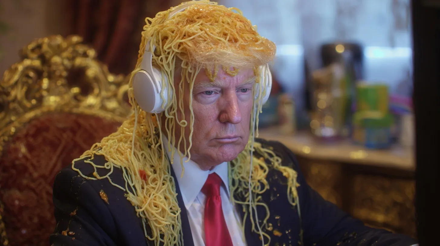A hyperrealistic AI-generated photo of a man resembling Donald Trump covered in noodles while watching television.