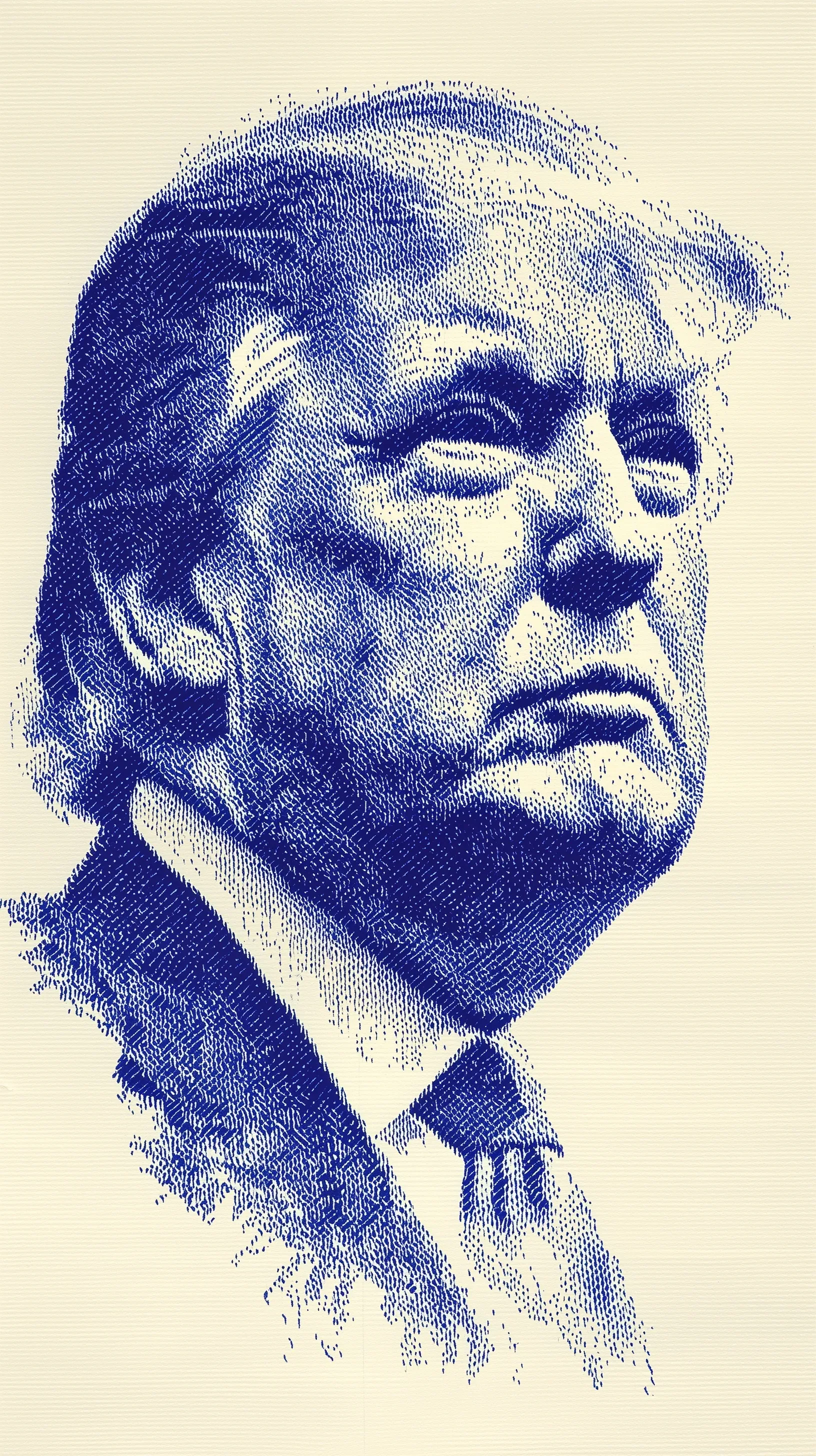 An ASCII art portrait of Donald Trump in royal blue on a cream background, facing right.