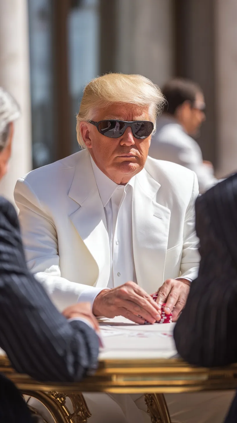 AI-generated Donald Trump in a white suit and black sunglasses playing poker at an outdoor luxury table.