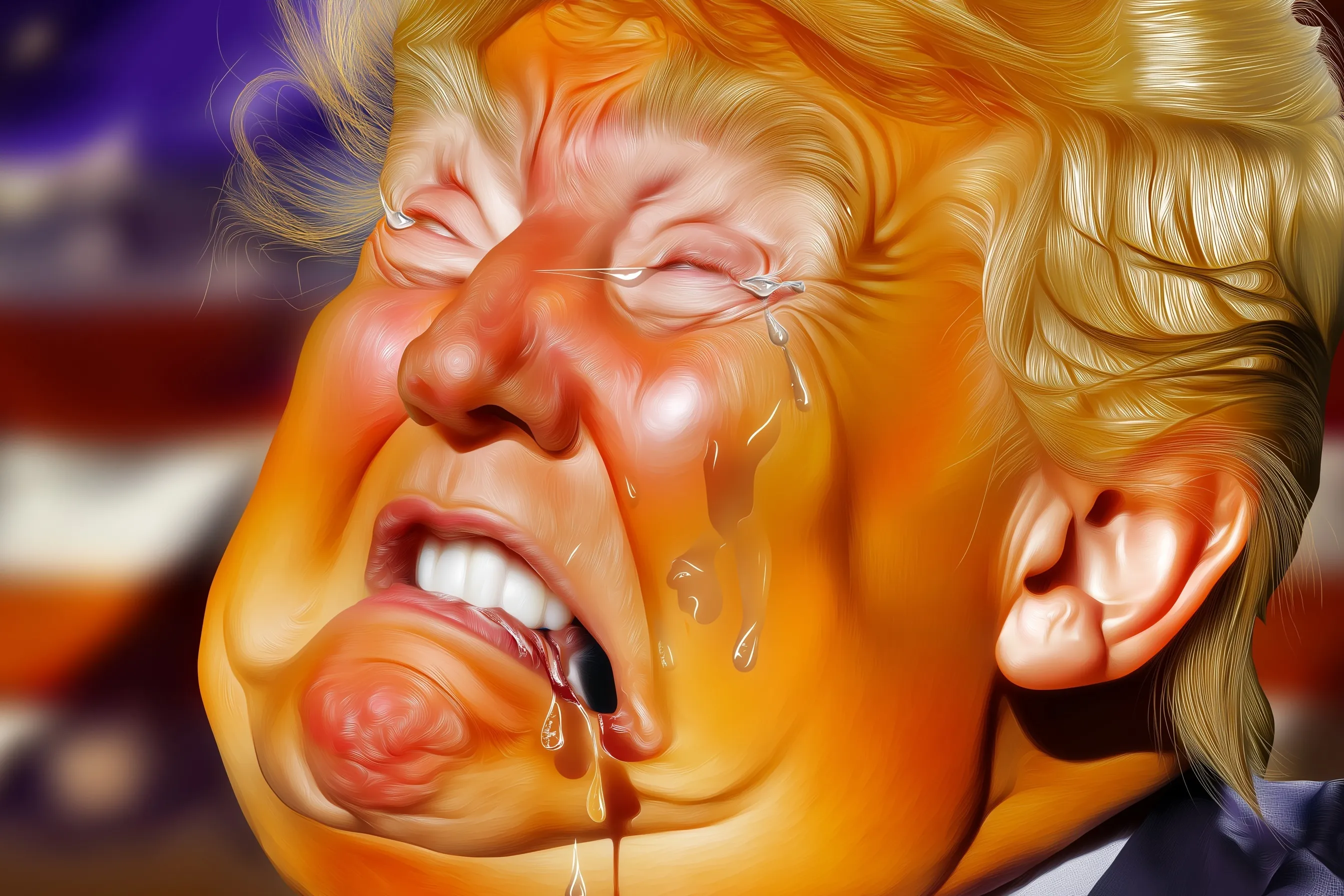A comical caricature of a crying orange-skinned American political leader in a stylized AI-generated portrait.