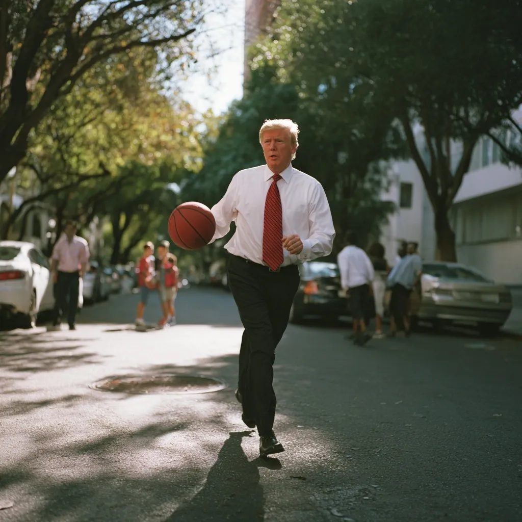AI-generated photo of Donald Trump in a white shirt and red tie playing basketball on a city street.
