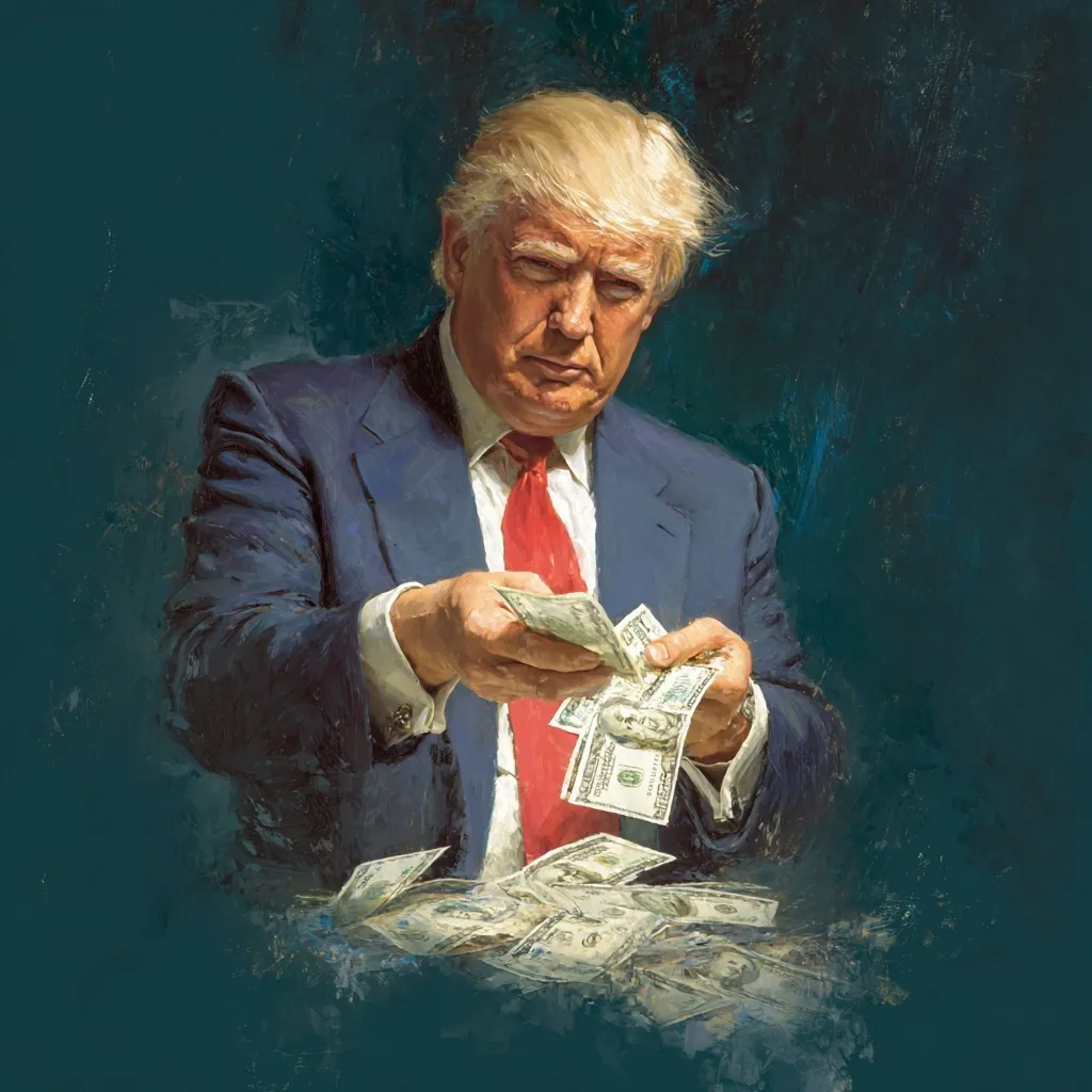 AI-generated digital trading card featuring Donald Trump handing out stacks of cash to the camera.