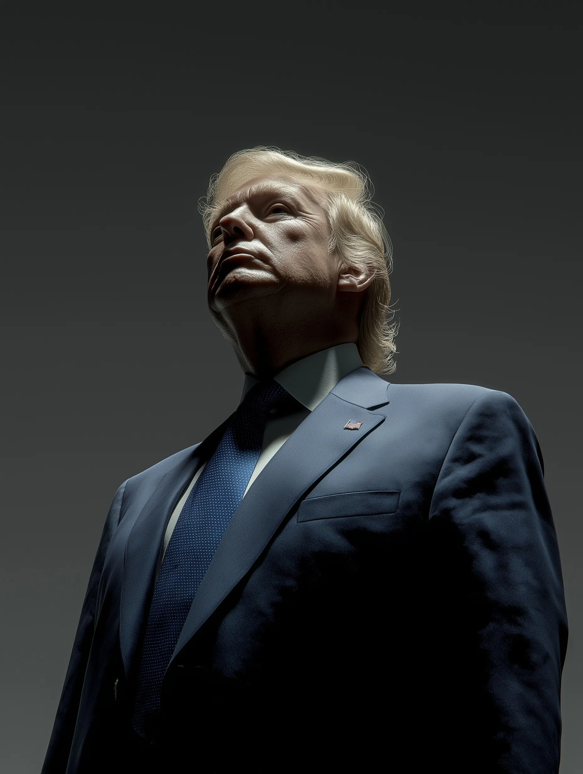 Hyper-realistic AI portrait of a middle-aged president with blond hair and a navy suit against the White House.