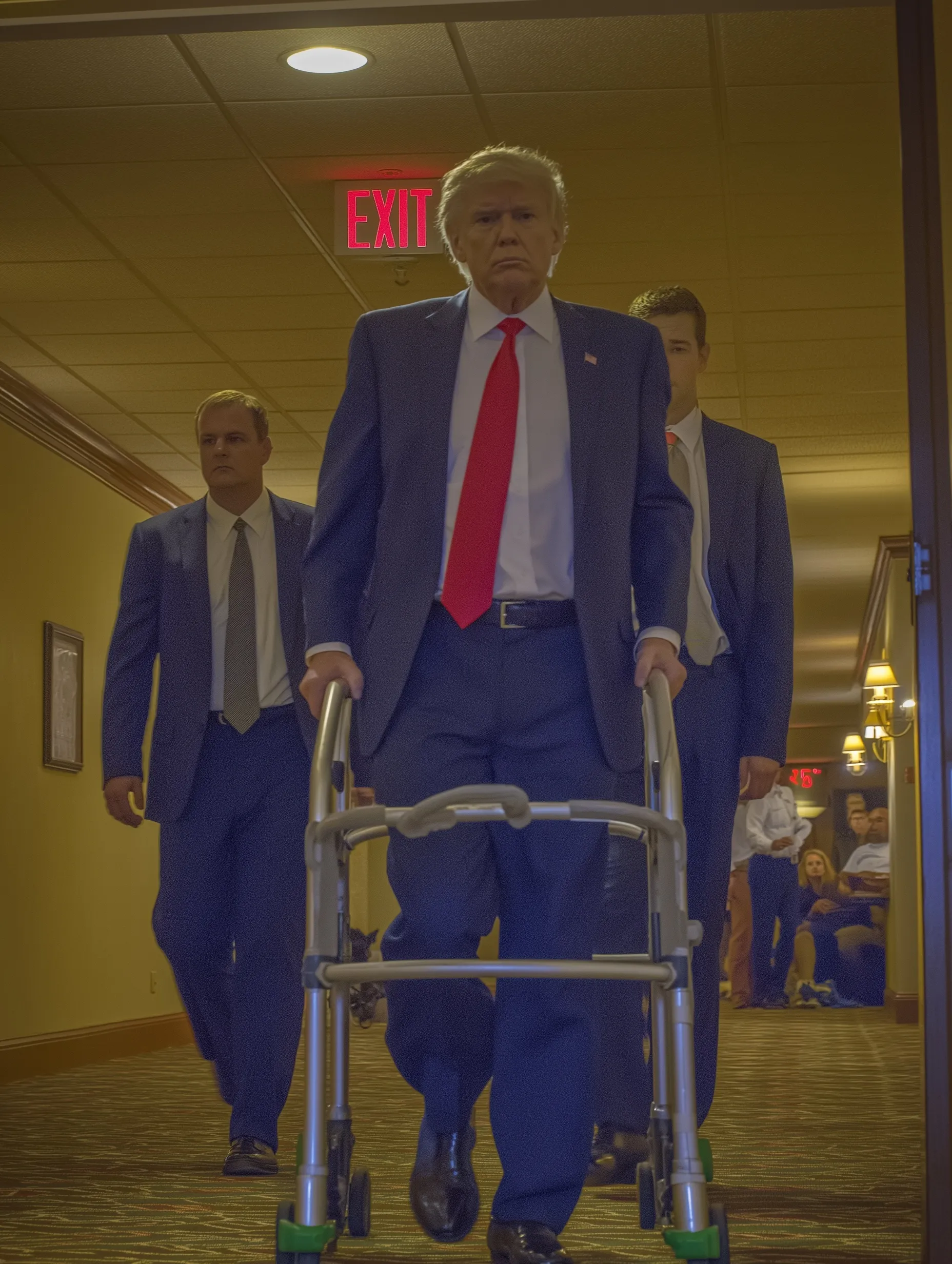 AI-generated image of Donald Trump using a medical walker in a hallway with Secret Service agents behind him.