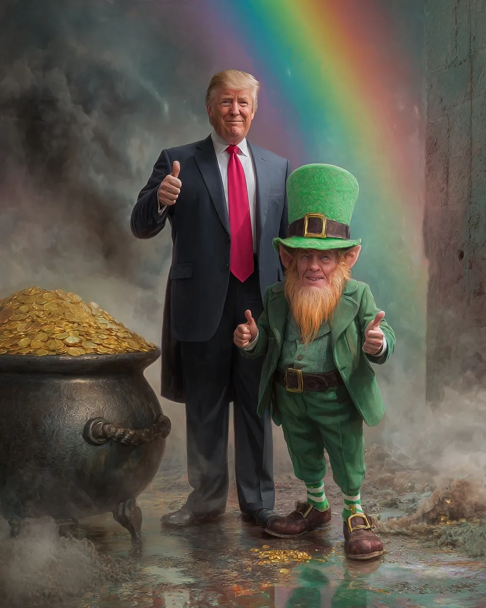 Realistic AI image of Donald Trump wearing a St. Patrick's Day hat, giving a thumbs up next to a lucky leprechaun.